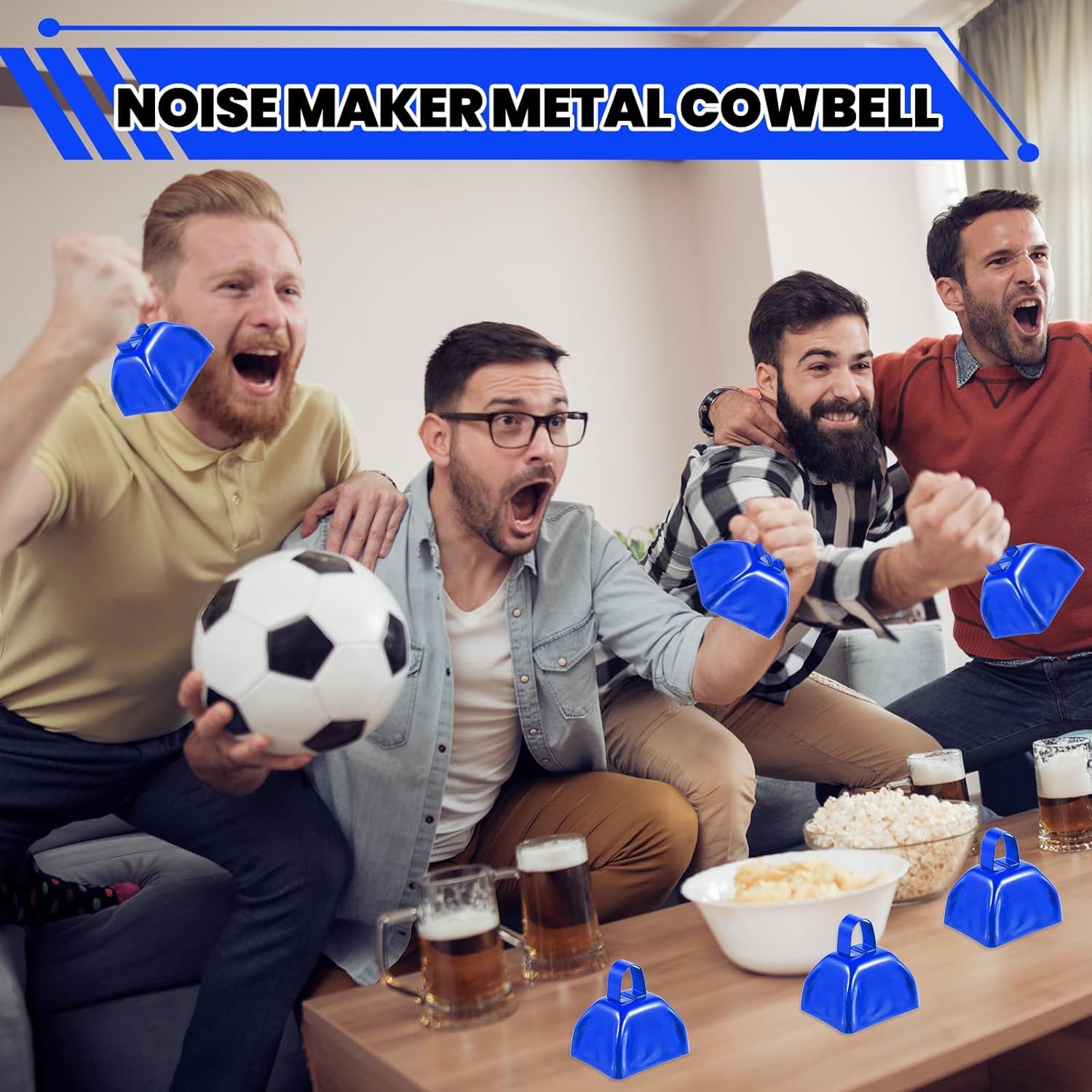 24 Pcs Metal Cowbell with Handle Cow Bells Noise Makers for Sporting Events Small Loud Noisemaker Cow Bell for Wedding Cheering Football Games, (3 x 2.8 x 2.5,blue)