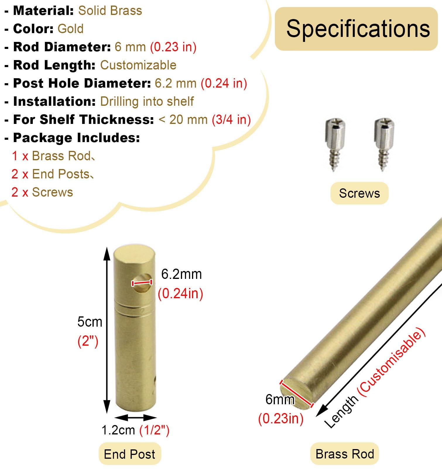 Ringhiera per Mensola Set di 2 Binari in Ottone per Mensole a Scomparsa, Binario di Protezione per Scaffalature con 4 Montanti, Parapetto per Scaffali a Gondola per Negozi(8in/20cm)