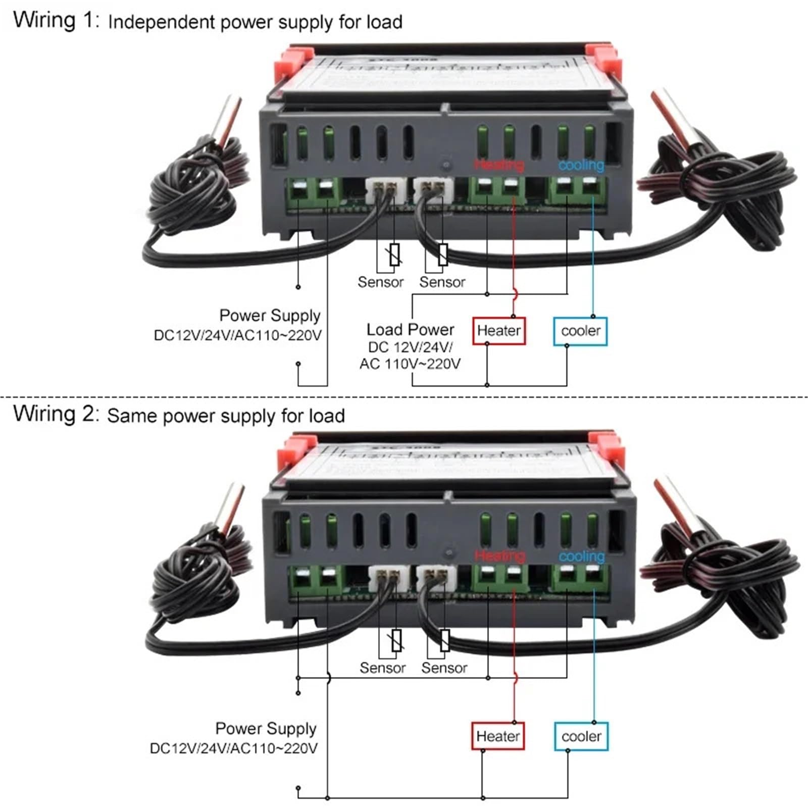 Termostato controlador de temperatura digital STC-3008 de doble LED, CA 220 V, 12 V CC, control de calefacción y refrigeración, con dos salidas de relé.(STC-3008 DC12V)