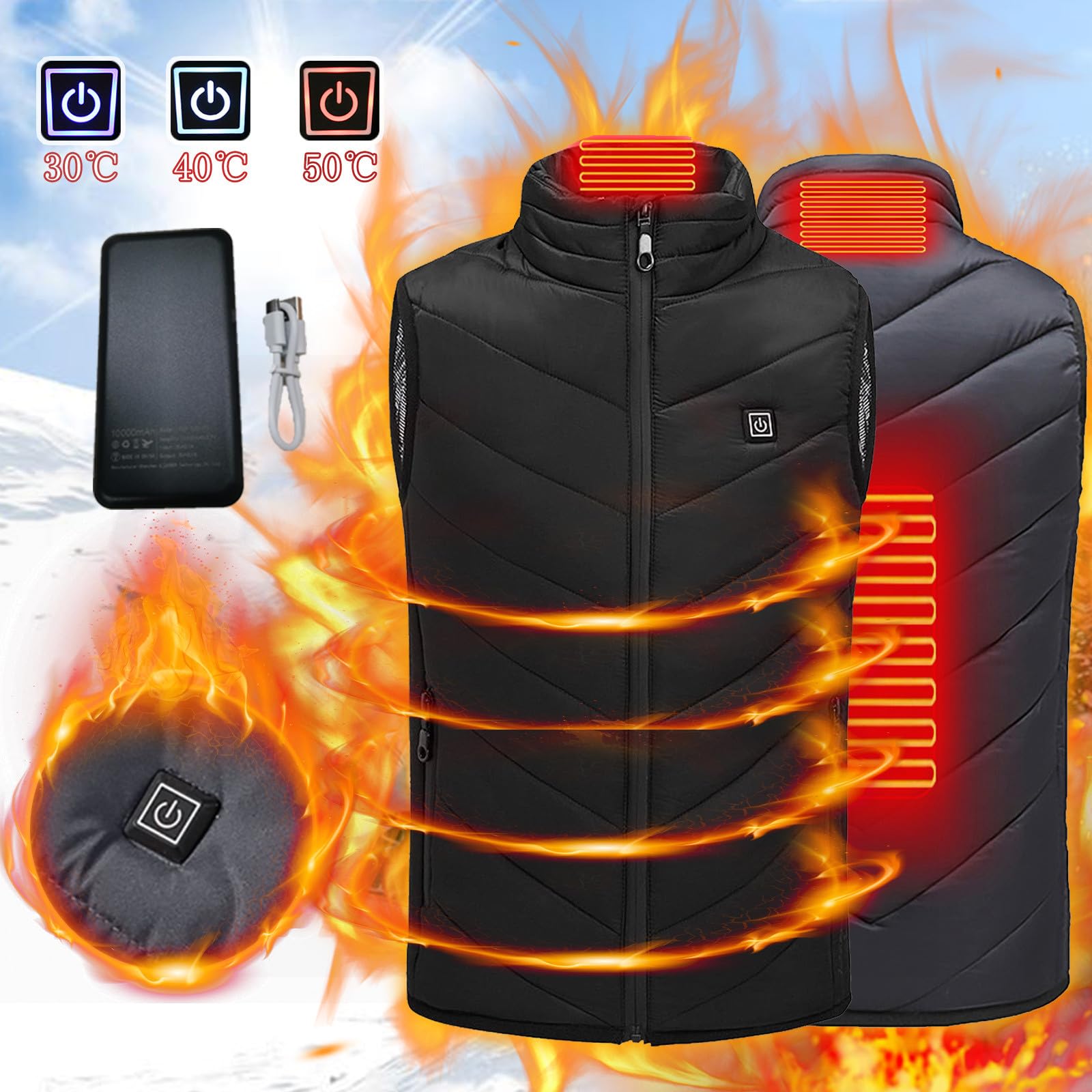 AEGJEGVD Beheizbare Weste Für Jungen Und Mädchen Wärmeweste Mit 2 Heizzonen Daunenweste Mit Powerbank Heizweste Wärmende Gilet Für Outdoor Camping USB-Weste Schnelles Aufheizen Einfarbig