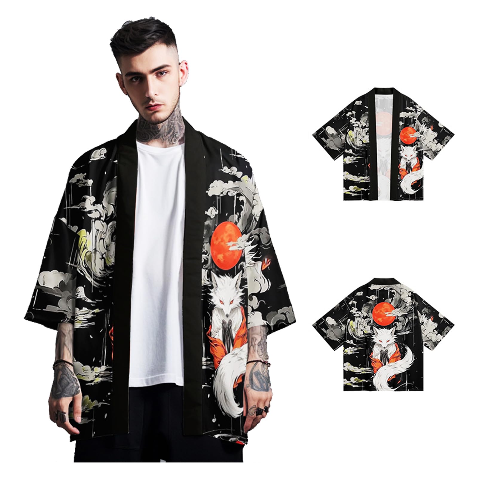Kimono imprimé japonais homme haori noir fin veste manche courte S