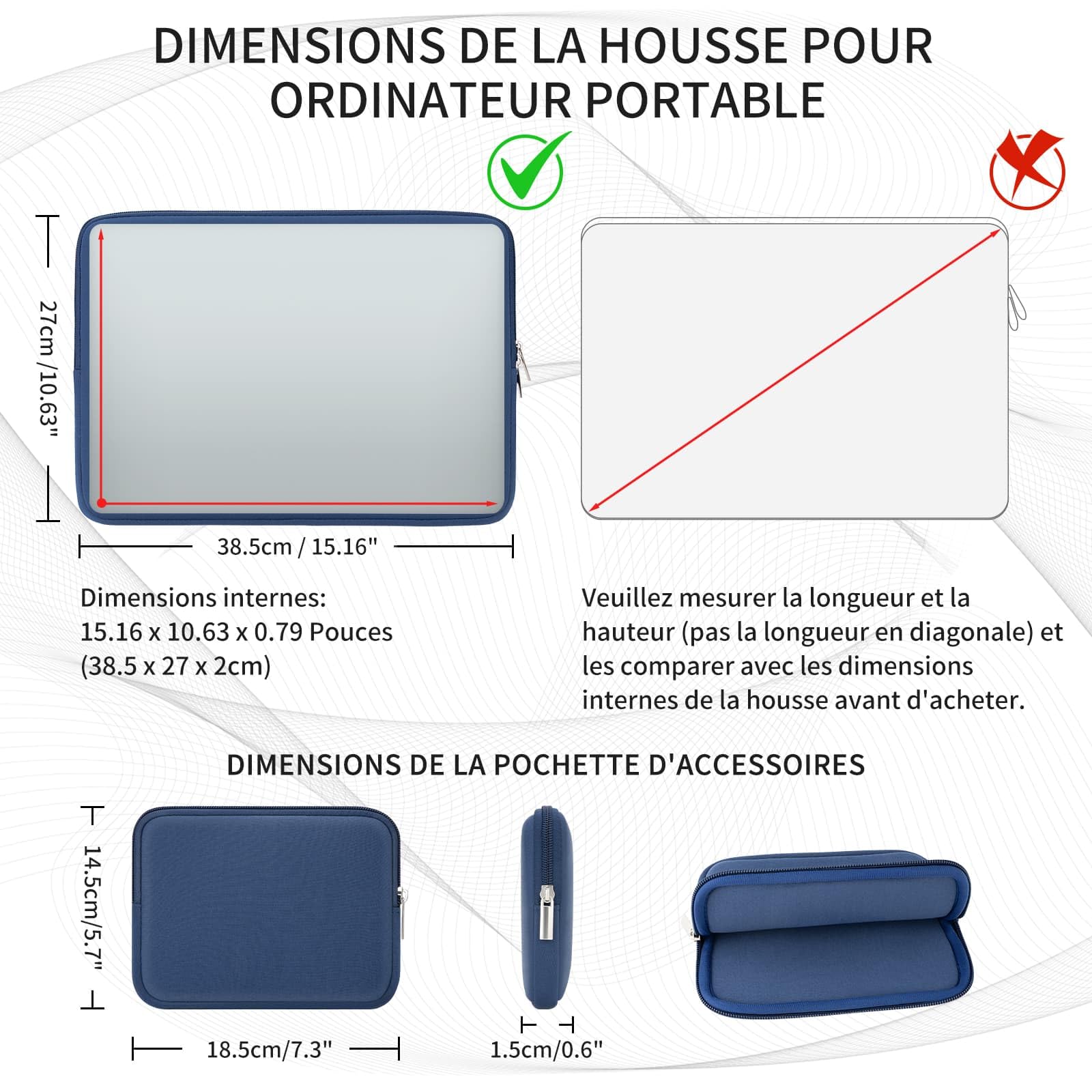 RAINYEAR Housse 15,6 Pouces Ordinateur Portable de Protection Sacoche Laptop Sleeve avec Accessoires Pochette Compatible pour 15,6 Pouces Notebook Computer Ultrabook Chromebook(Bleu Marin)