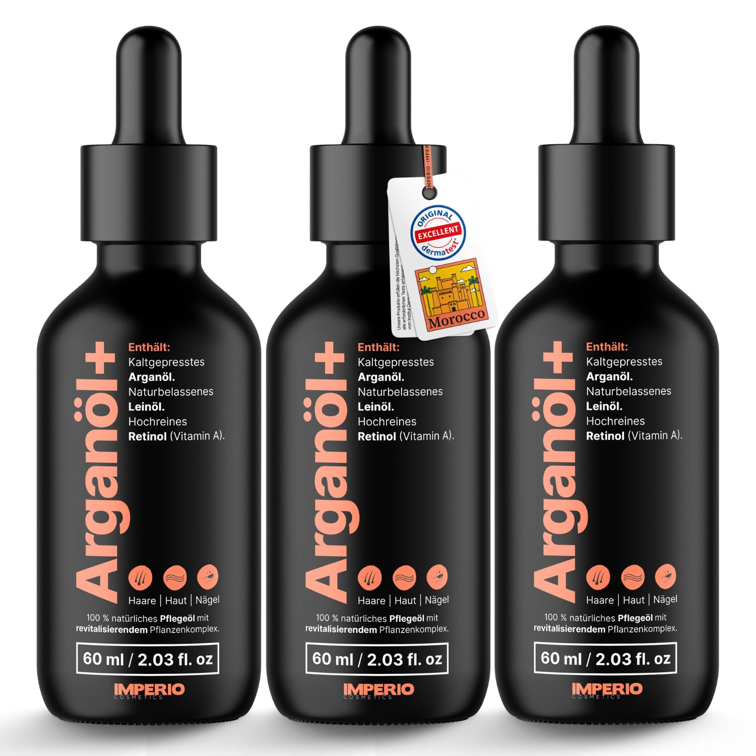 IMPERIO Arganöl kaltgepresst mit hochwertigem Retinol (Vitamin A) | 60ml | Für Haare, Haut, Nägel & gegen Falten | 100% naturreines Pflegeöl mit Leinsamen Extrakt | Marokkanisches Argan Oil (3er Pack)