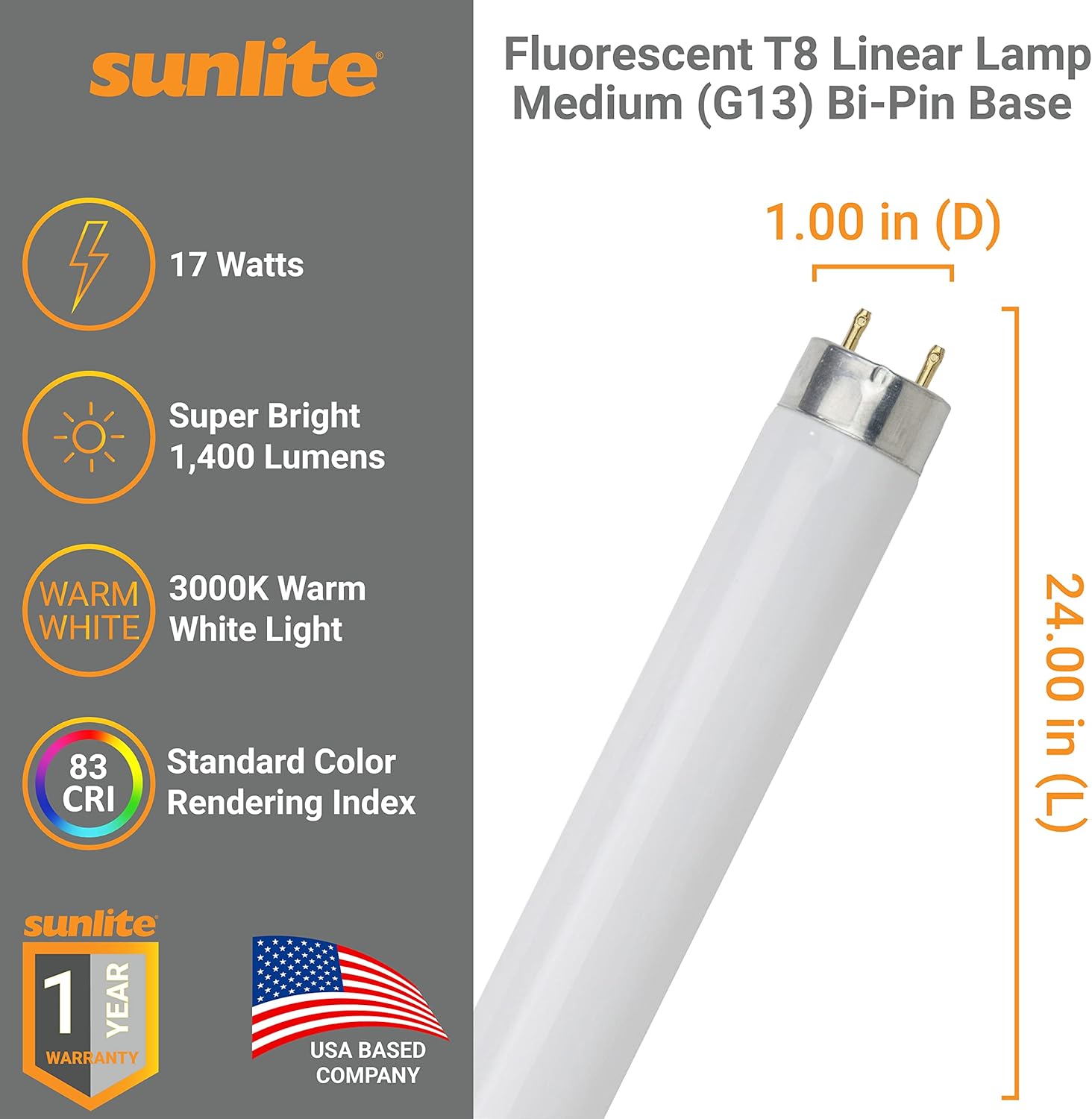 Sunlite 30105 2 Foot T8 Linear Fluorescent Lamp, 17 Watts, 1400 Lumens, F17T8/SP830, 3000K Warm White, Medium G13 Bi-Pin Base, ROHS Compliant, 30 Pack