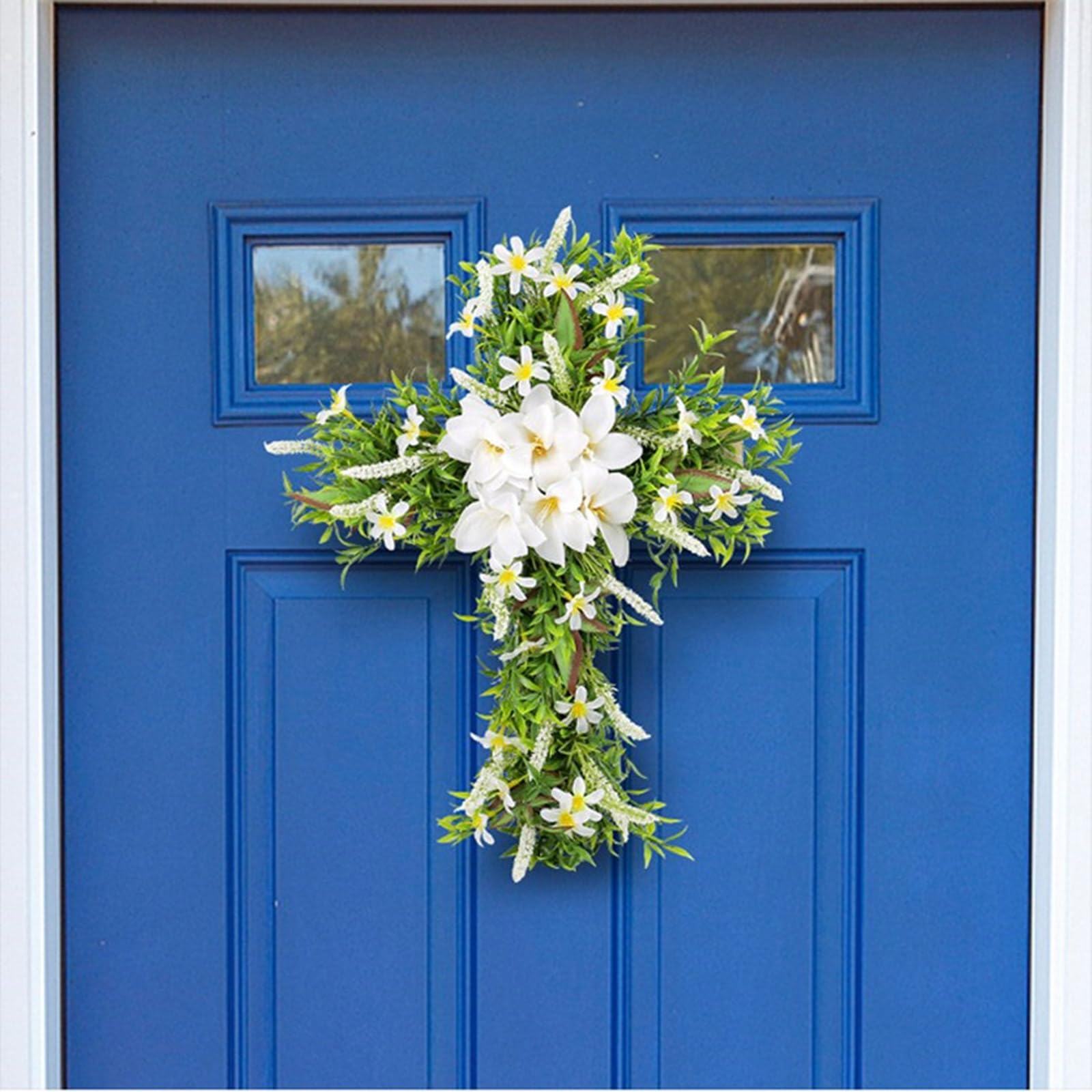 Corona Pasquale 35 Cm Con Croce Legno E Gigli - Ghirlanda LED Decorativa, Per Parete O Porta - Foto 2