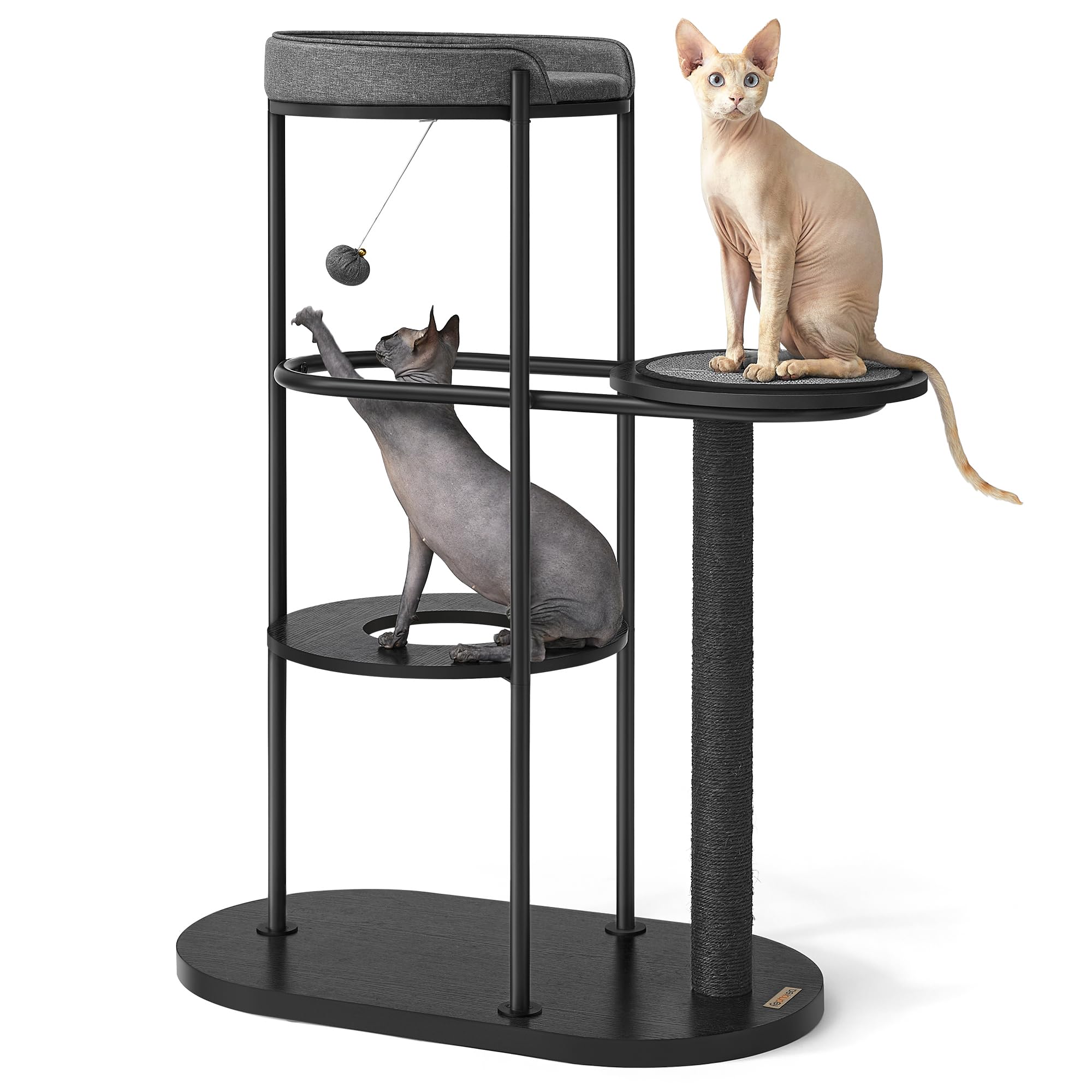 Feandrea Kratzbaum, modern, Katzenbaum, Metallrohre, mit Kissen und Plattform, Sisalstamm, Katzenspielball, 80 x 43 x 111 cm, für kleine, große, alte Katze, klassikschwarz PCT117B01