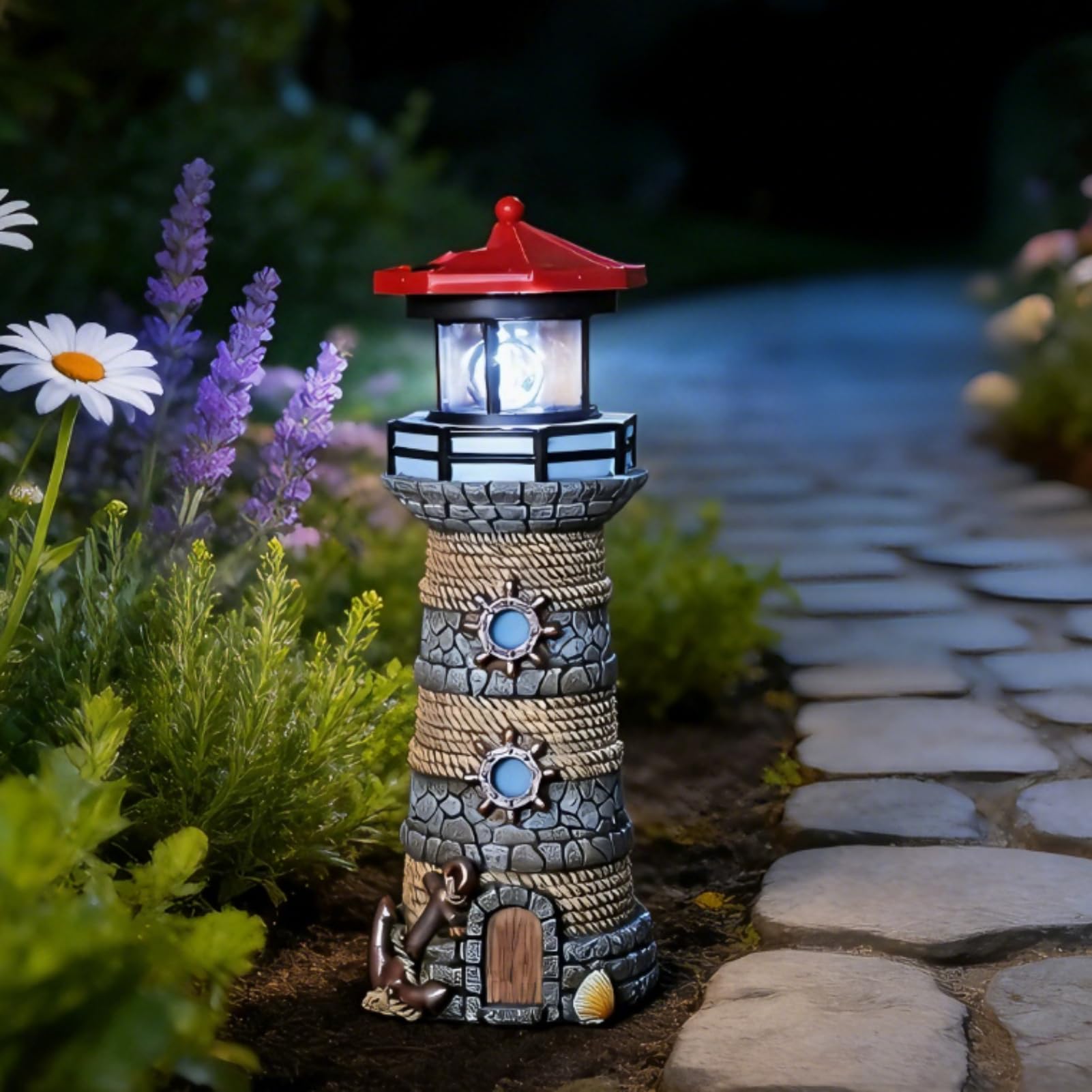 Vasedre 1Pcs Solar Lighthouse Ornaments, 27Cm Tall Resin Lighthouse Garden Solar Ornaments With 360 Degree Rotating Beacon, Outdoor Decorations For Garden Yard Lawn Patio Pathway, For Friends (1Pcs)