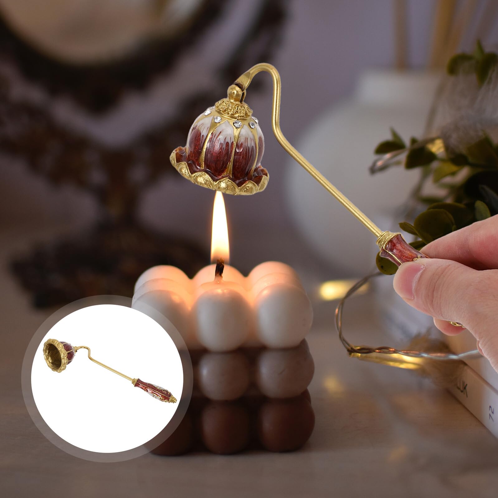IMIKEYA Kerzenlöscher mit Langem Griff aus Metall Retro-Design Lotus-Details Werkzeug zum Sicheren Löschen von Flammen für Tischdekoration und Kerzenlöschen
