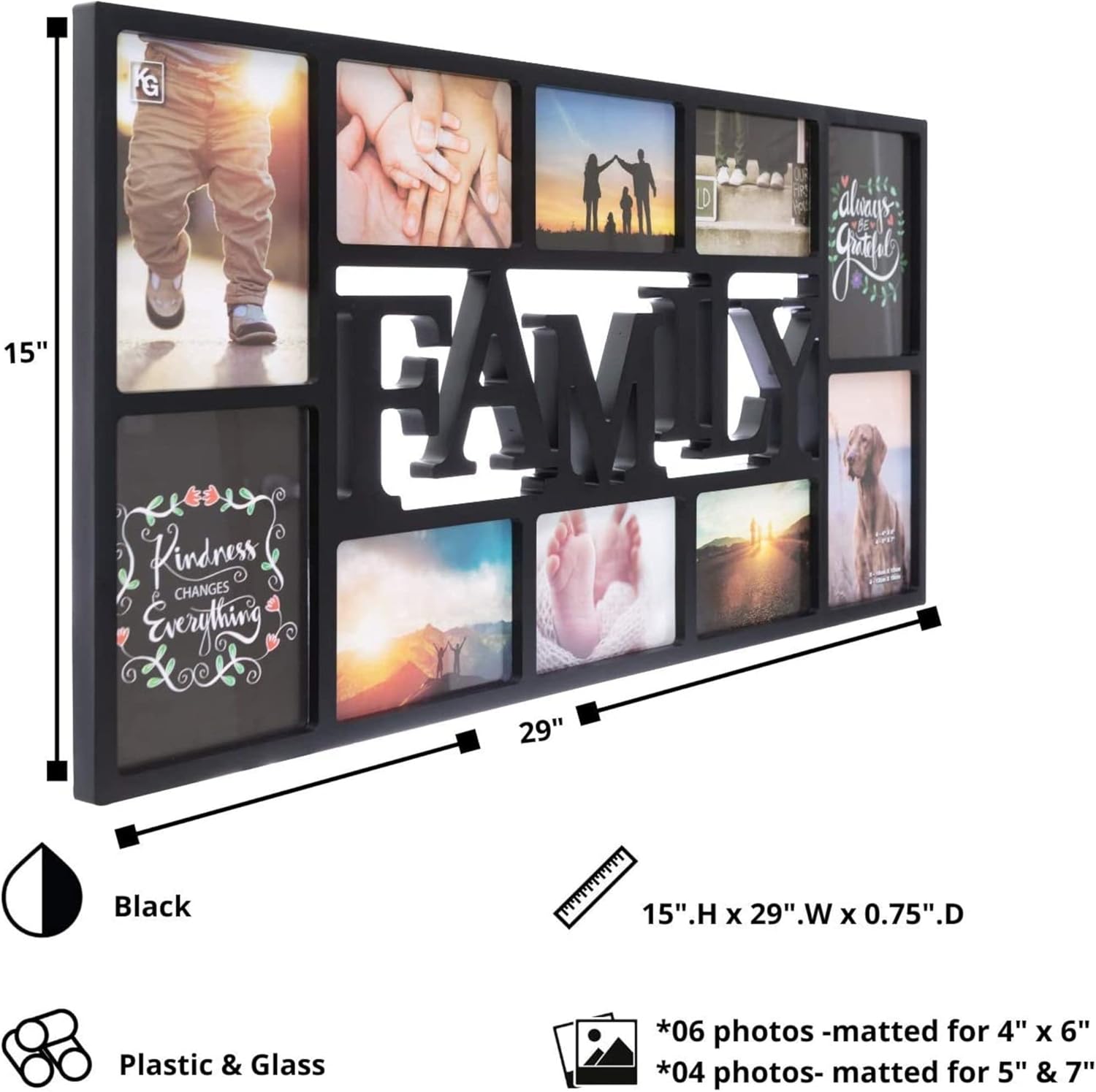 Kiera Grace Family 10 Opening Collage Frame - 15" by 29", Fits 4 - 5" x 7" and 6 - 4" x 6" Photos, Black