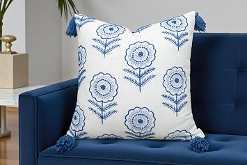 Rudransha Hand Embroidered Pillow Cover 20x20 Inch Ivory Cotton - Trina Floral