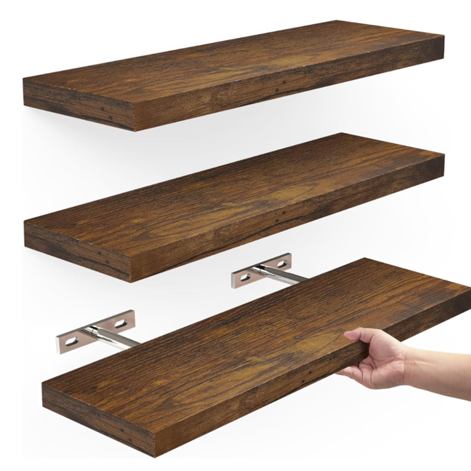 3 Pack Floating Shelves for Wall, Mounted 41cm Rustic Shelves, Nature Wood Wall Shelf, Wall Display Racks with Invisible Brackets for Bedroom, Kitchen, Living Room, Office and Bathroom Storage