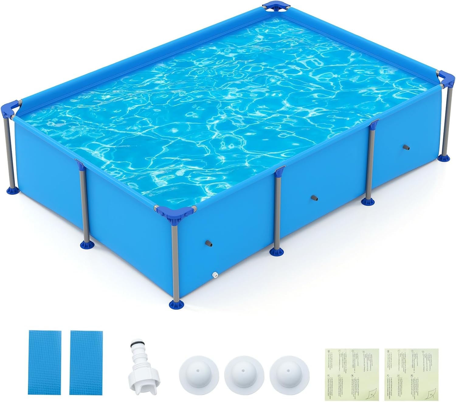 Moccha 8.5' x 6' Rectangle Above Ground Pool - Metal Frame Family Pool Set with PVC Fabric, 3 Stoppers & Drainage Valve Connector, Outdoor Backyard Swimming Pool, 690 Gallons of Water