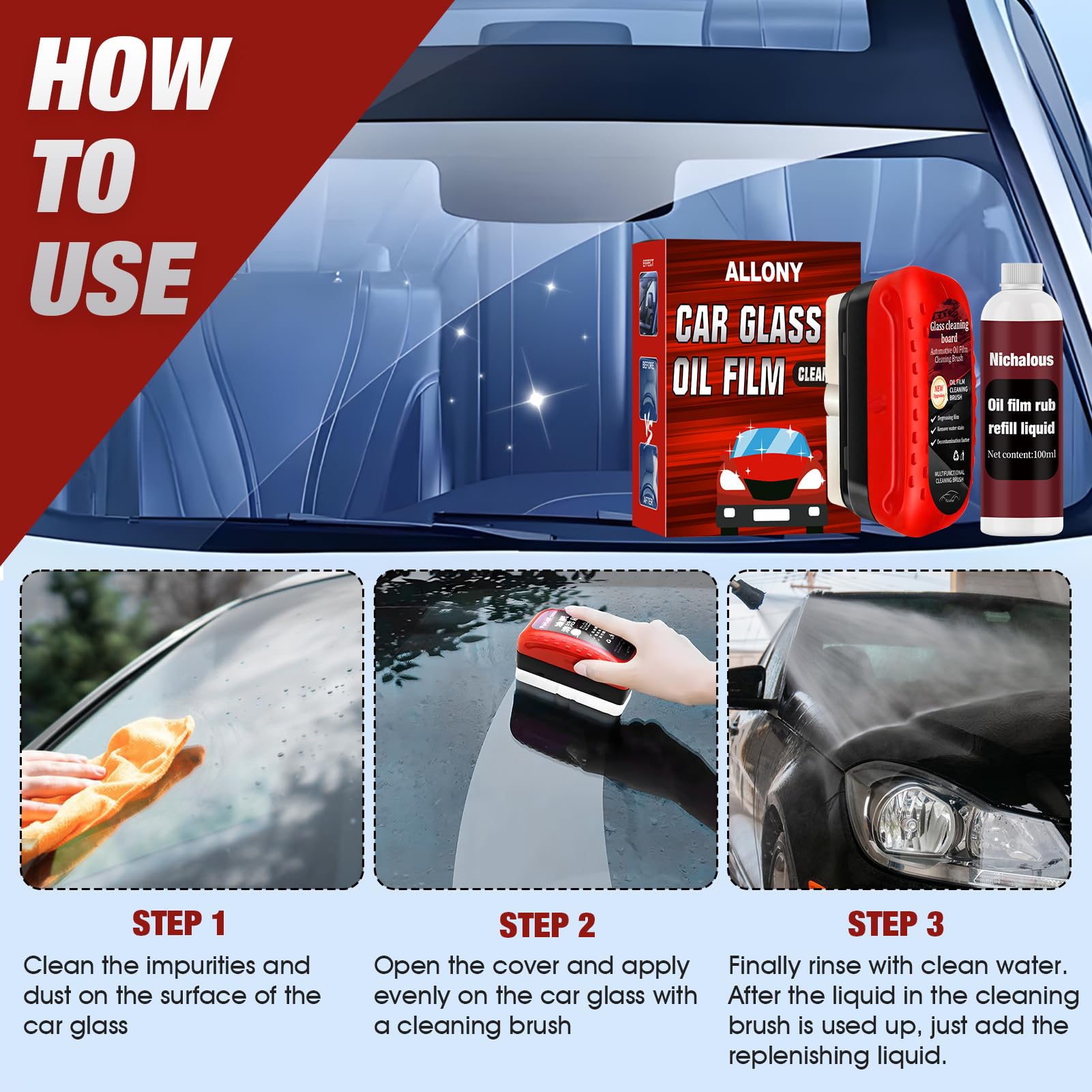ALLONY Glass Cleaning Board, 120ml Clear view Parebrise, Nettoyant Pare Brise Voiture, Film Oléophobe pour Vitres D'automobiles, Nettoyant Vitre Voiture y 100ml Recharges