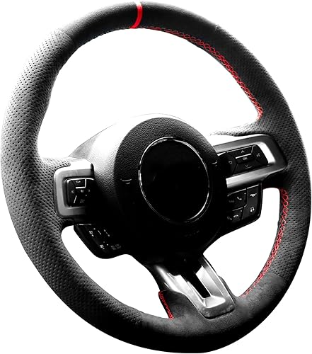 Alfanxi Funda para volante de automóvil con costura a mano para Ford MustangShelby GT350 GT500 (Alcántara negra+rayas rojas)