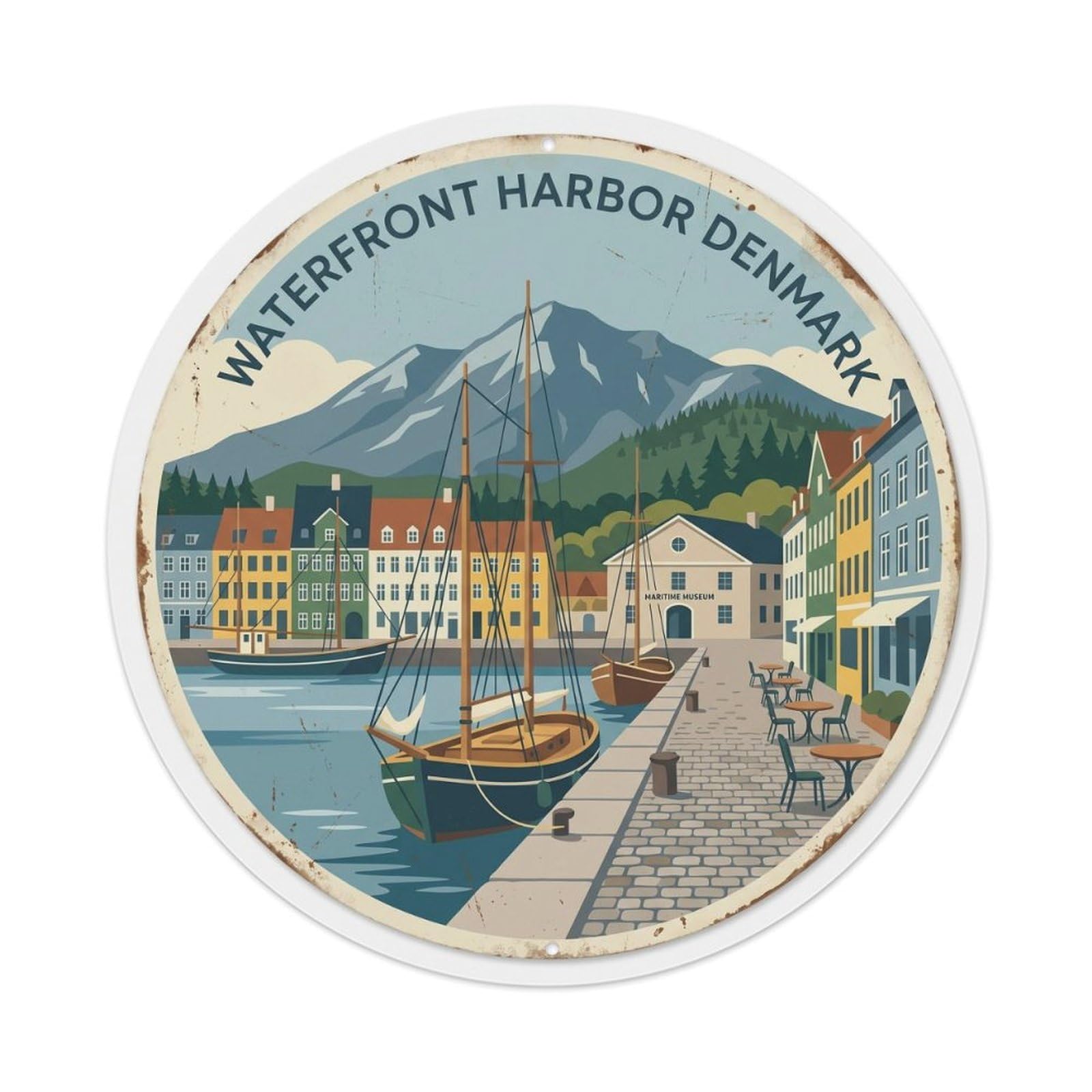 Vintage Travel Waterfront Harbor Denmark Port Metal Tin Sign