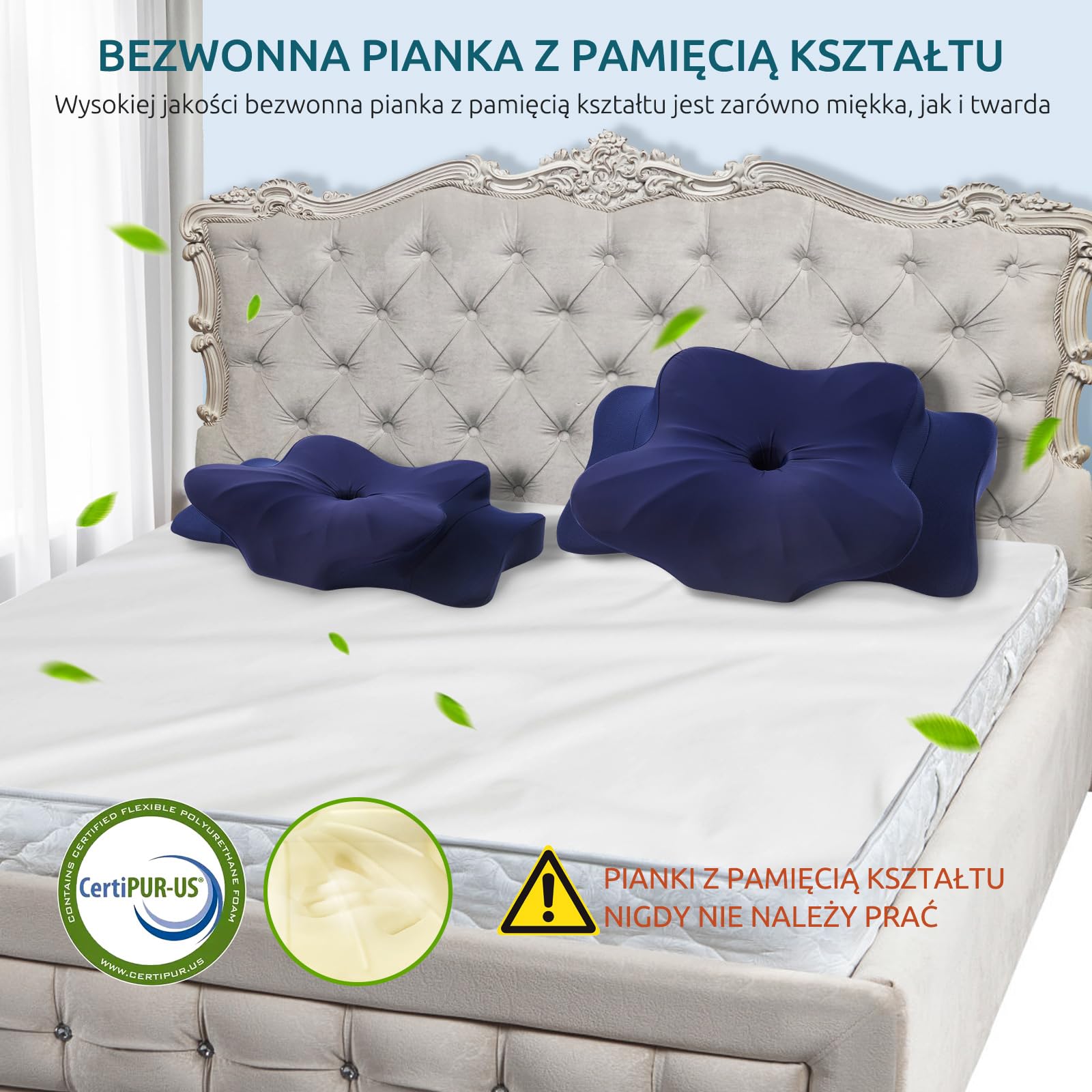 DONAMA Ergonomiczna poduszka szyjna na szyję i ramiona, poduszka z pianki memory dla osób śpiących na boku, plecach i brzuchu, poduszka szyjna z poszewką (ciemnoniebieska, 63x38x14 cm)