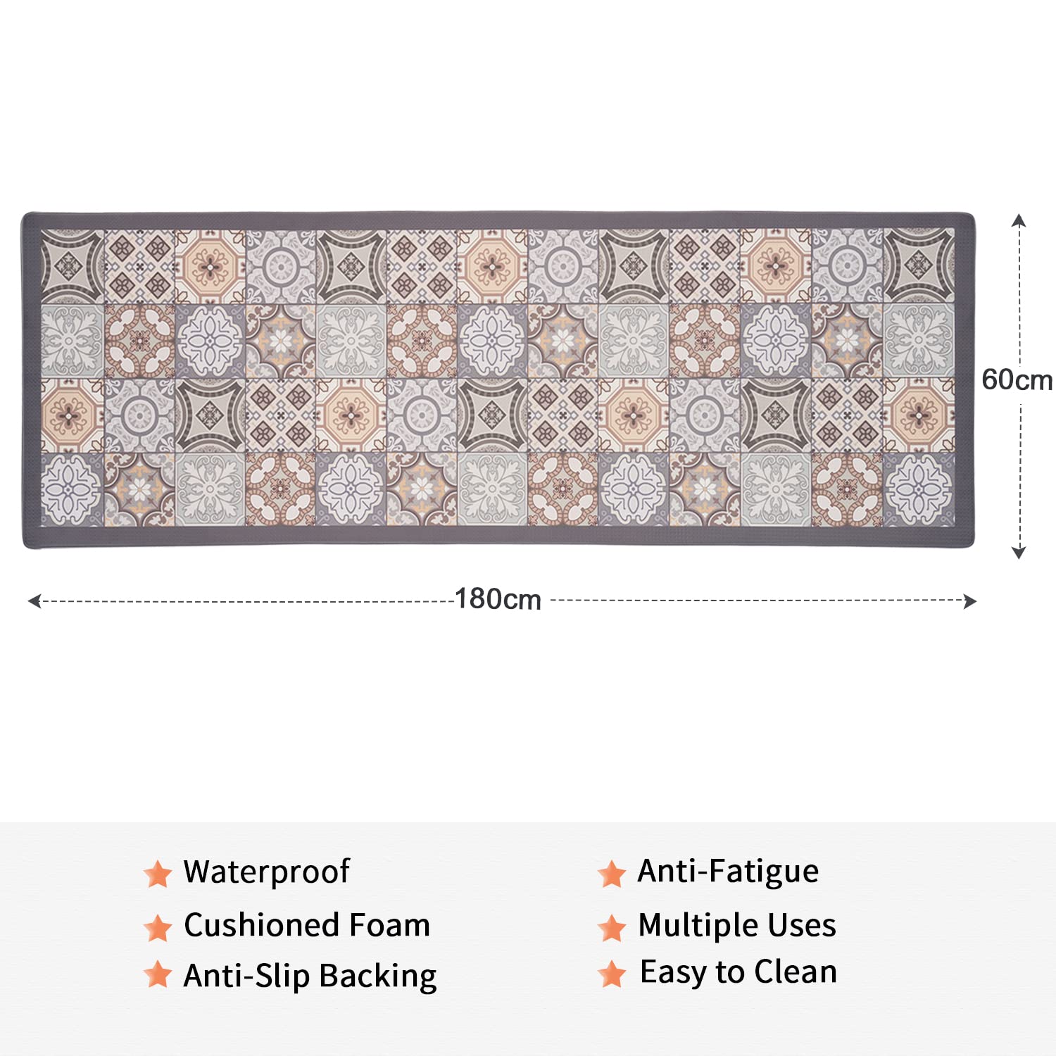 RECYCO Tapete de Cocina Cocina, 60 x 180, 10 mm de Grosor, Antideslizante, Impermeable, Lavable, antifatiga, fácil Cuidado, tapete de Cocina de PVC (azulejo)