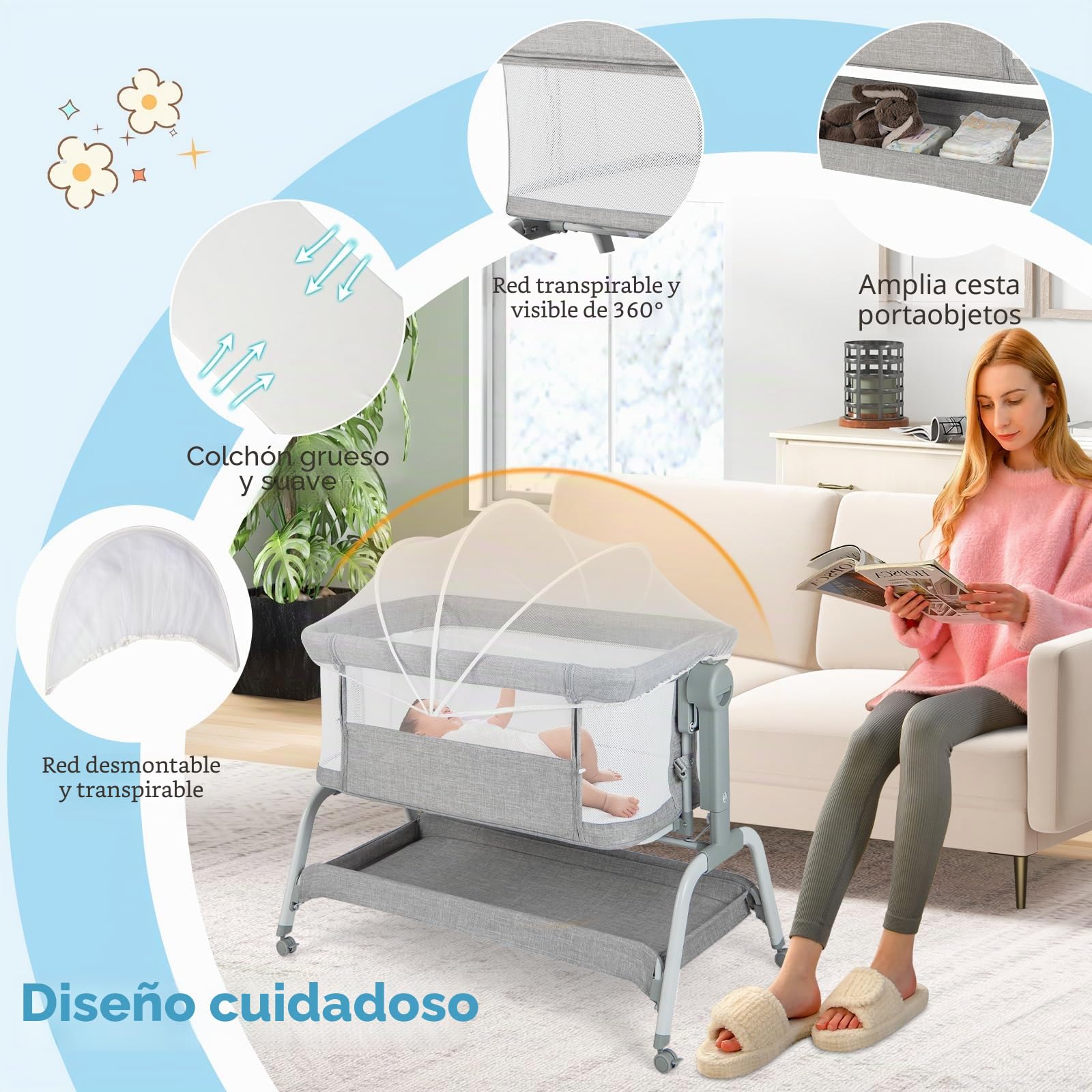 RELAX4LIFE 3 en 1 Cuna de bebé lado a la cama, cuna de camping con colchón, correa de fijación y mosquitera, altura ajustable 6 posiciones, bolsa de transporte, para niños 0-6 meses (gris)