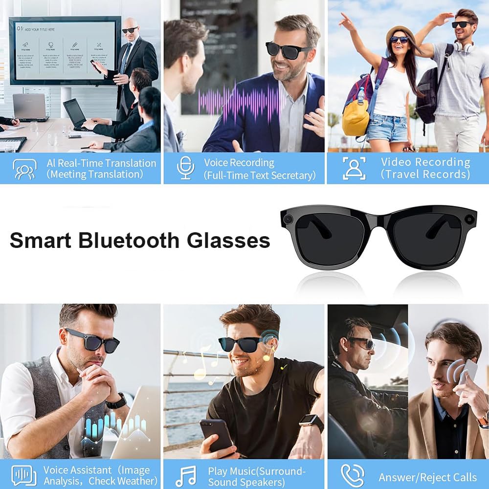 Gafas Antiluz Azul,Grabación De Fotos Y Vídeos De 800W,Reconocimiento Y Traducción De Imágenes Inteligente con IA,con Asistente De Voz,Diseño Abierto,para Viajes,Trabajo Y Negocios Black