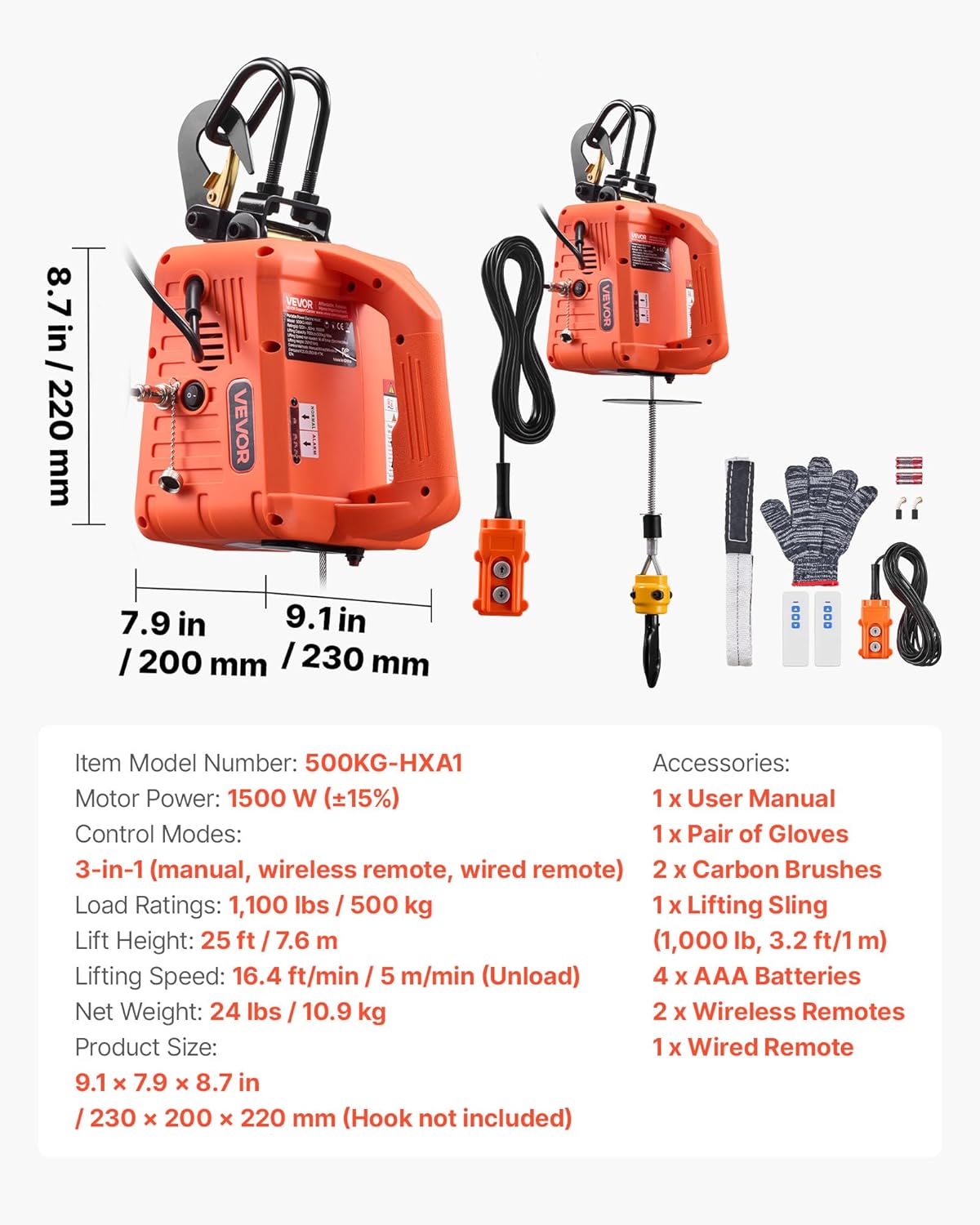 VEVOR 3-in-1 Electric Hoist Winch, 1100 lbs Capacity, 1500W Portable Electric Power Winch, 25 ft Lifting Height, 16.4 ft/min with Manual, Wired & Wireless Remote Control for Factory, Warehouss, Garage