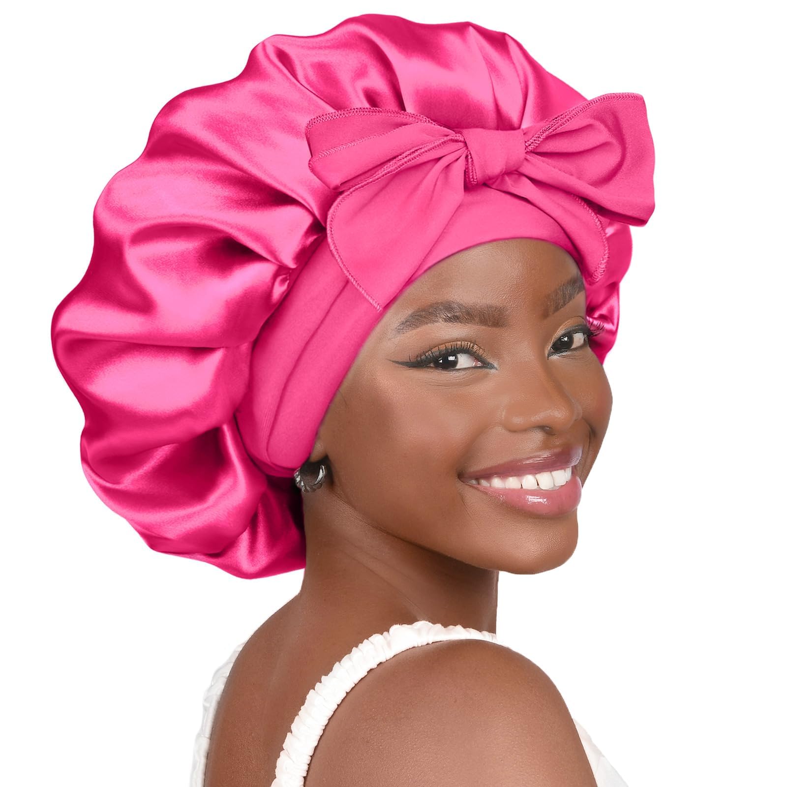 Yanibest Women's Hot Pink Silk Bonnet For Sleeping Satin Bonnet Double Layer Satin Lined Hair Bonnet With Tie Band Curly Hair