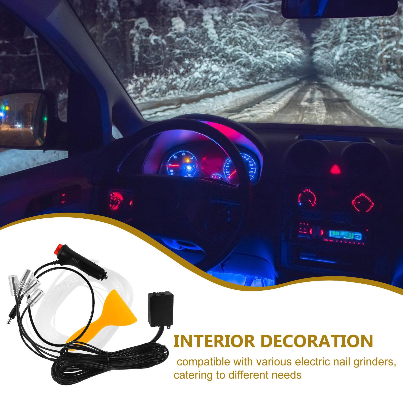 Kisangel Lámpara de Ambiente para Coche, Luces LED Internas del Coche, Fibra Óptica Decorativa, 6m, Blanco, 1 en 4 Vías, Control Remoto, para Interior del Vehículo