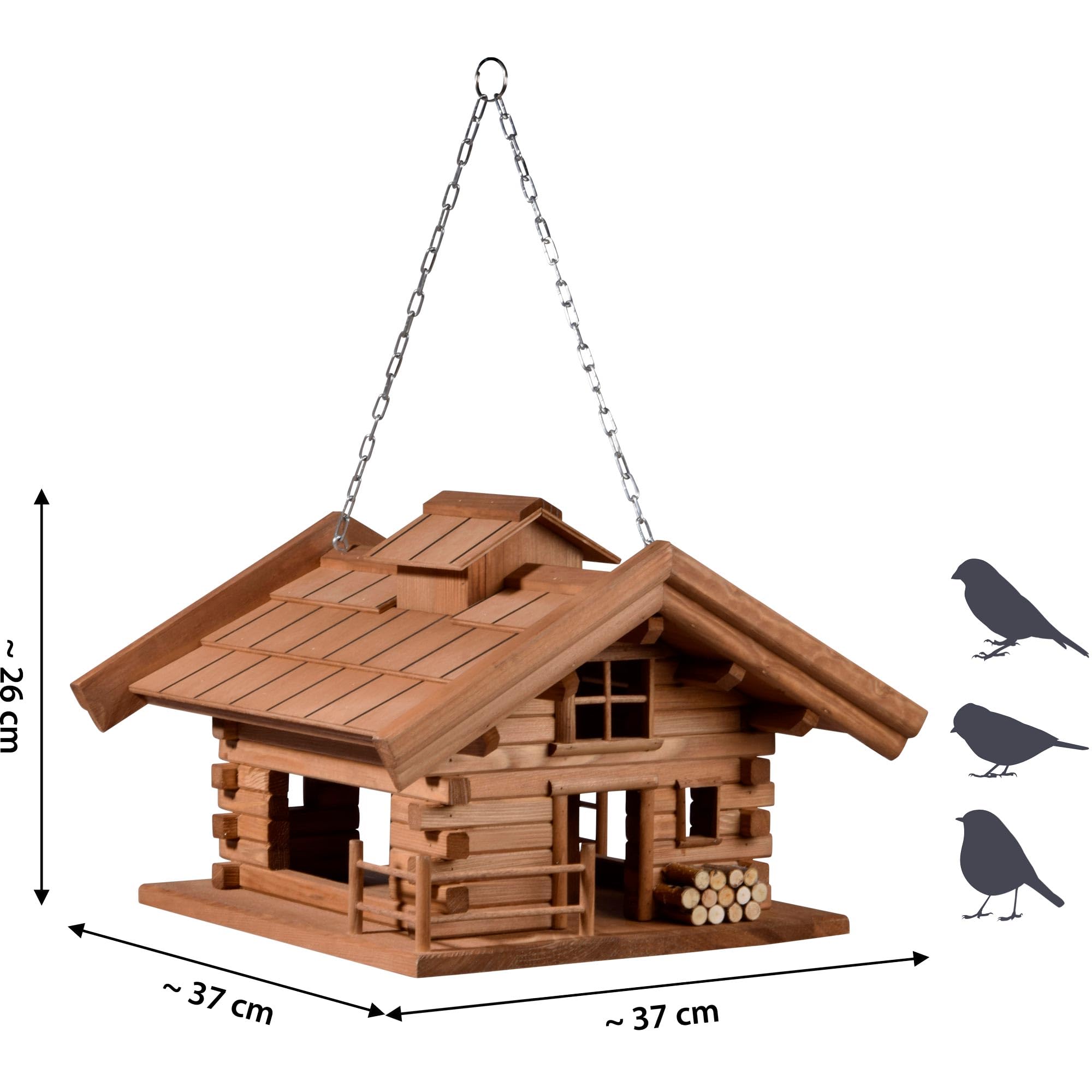 Mangiatoia per uccelli "Appenzell" con molti dettagli nel design della casetta di montagna, 37 x 37 x 26 cm, in pino