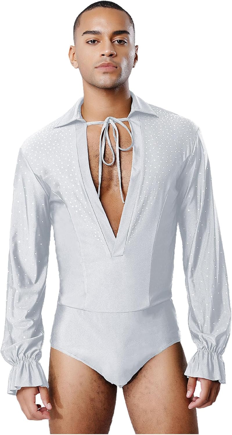 iiniim Mens Sparkly Latin Dance Leotard Deep V-Neck Long Sleeve Rhinestone Outfit for Samba Rumba