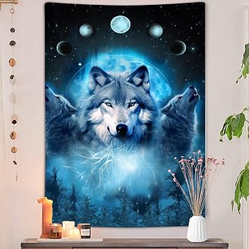 Cool Wolf Moon Tapestry, Blue Galaxy Moon Phase Forest Wall Hanging for Men Teen Boys Girls Bedroom Aesthetic, Fantasy Animals Vertical Tapestries Poster Blanket College Dorm Decor 30X40