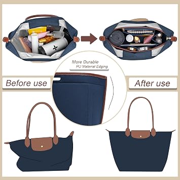 Felt Purse Organizer Insert for Longchamp Le Pliage M Bag Handbag Leather edge Longchamp Organizer Insert (DarkBlue, Medium)