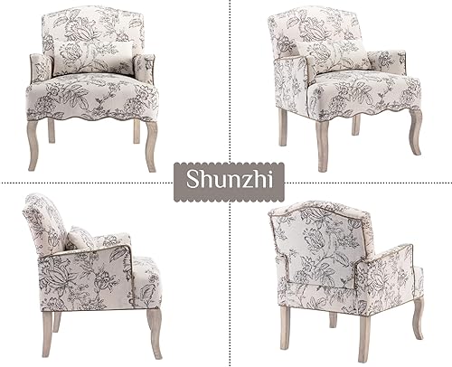 Miniatura 6 de Sillas de Acento Florales Estilo Granja Sillón Tapizado de Lino Silla de Lectura Moderna de Mediados de Siglo Sofá Individual con Almohada para