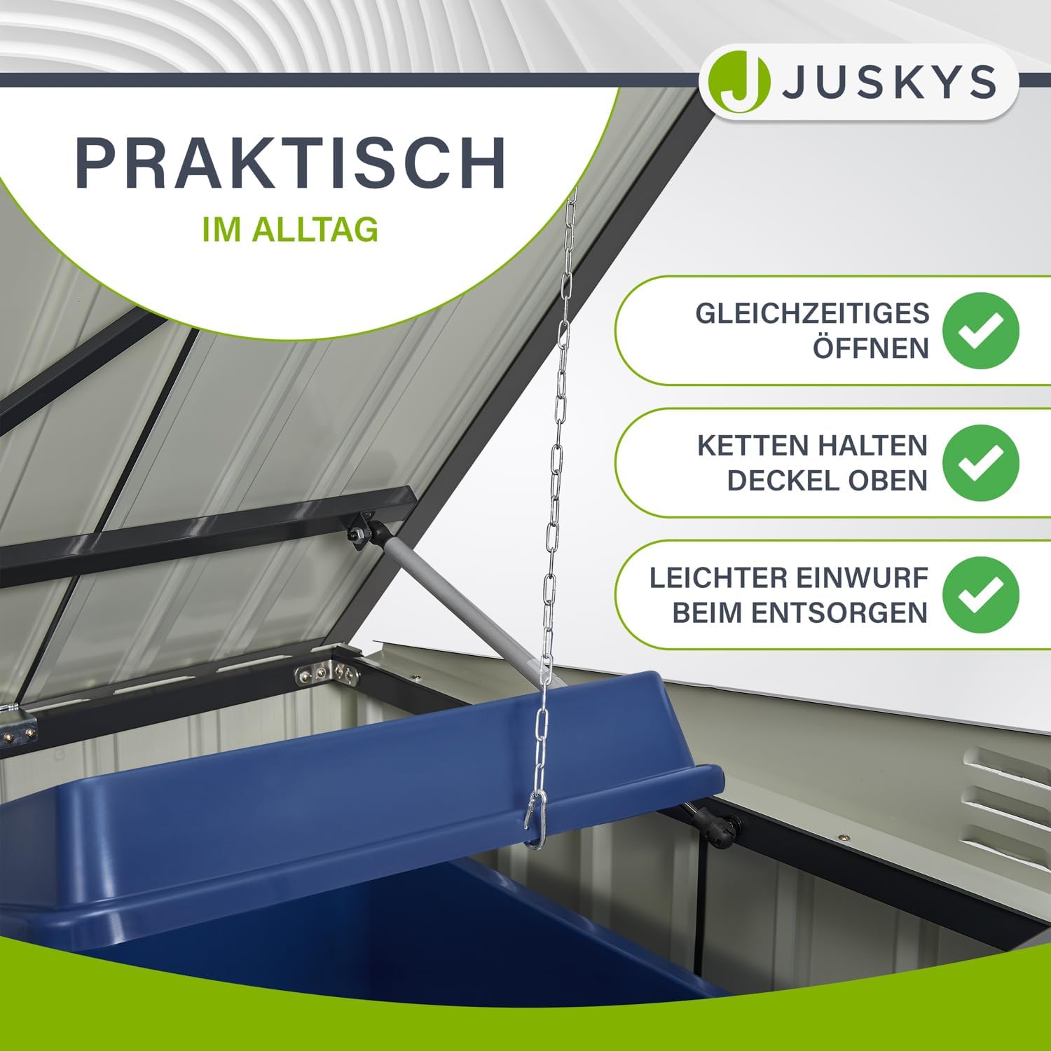 Juskys Namur enclosure showing lid chain mechanism