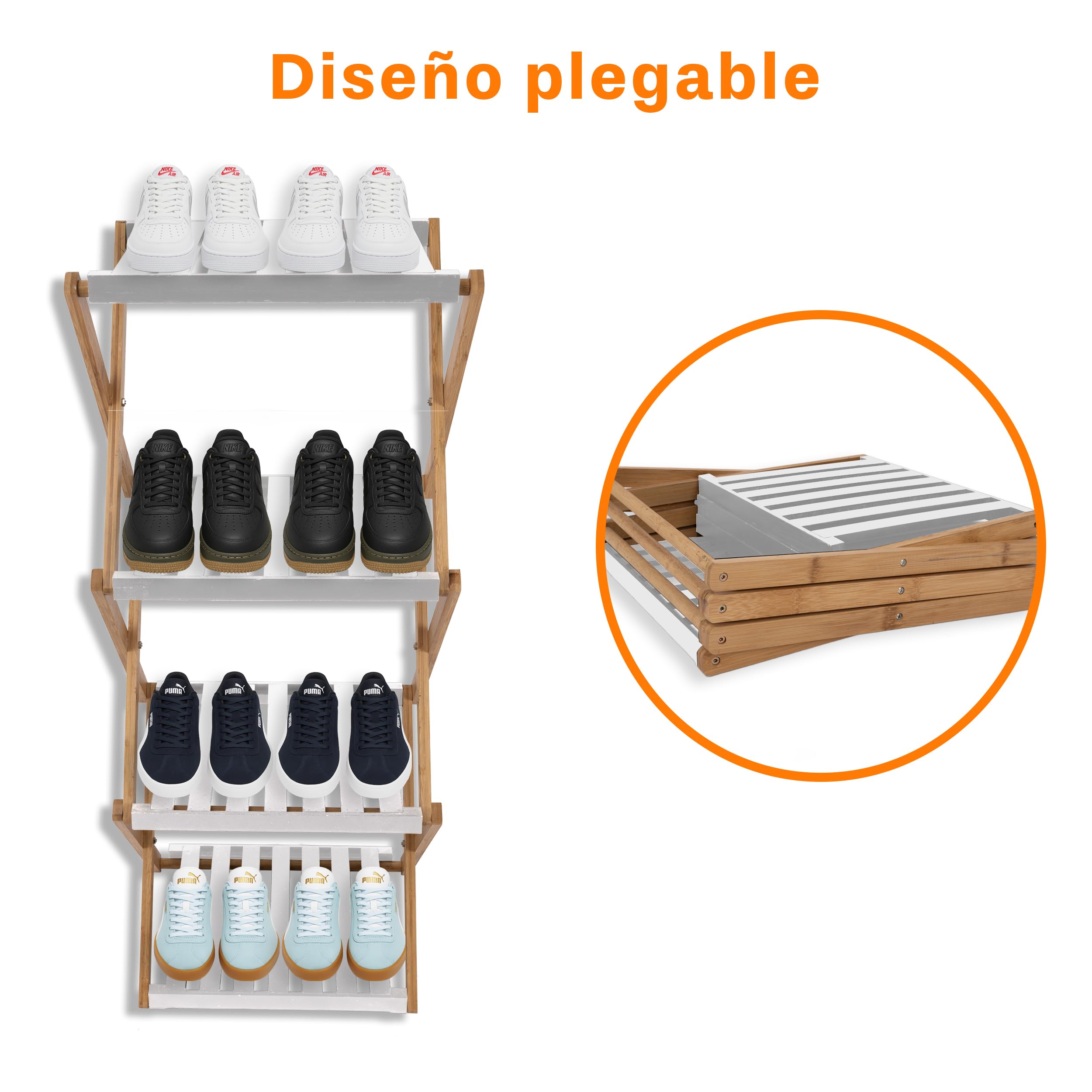 XZ-24511 Estante Zapatero de 3 Niveles Plegable de Bambú 28x37.5x93.5cm Blanco - Organizador Portátil para Calzados Sin Instalación, Zapatero para Pasillos