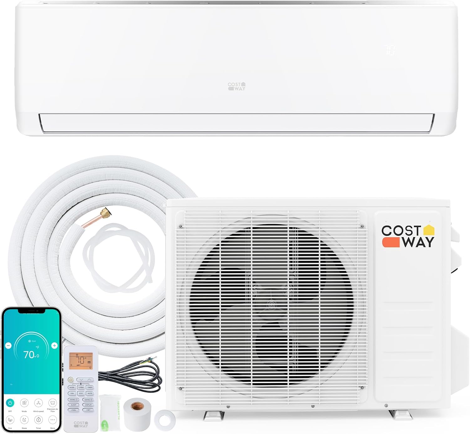 COSTWAY 12000 BTU Mini Split Air Conditioner & Heater, 20 SEER2 Wifi Enabled Split AC Unit Up to 750 Sq. Ft, 115V Energy Efficient Inverter AC with Heat Pump & Installation Kit (EcoGuard Series)
