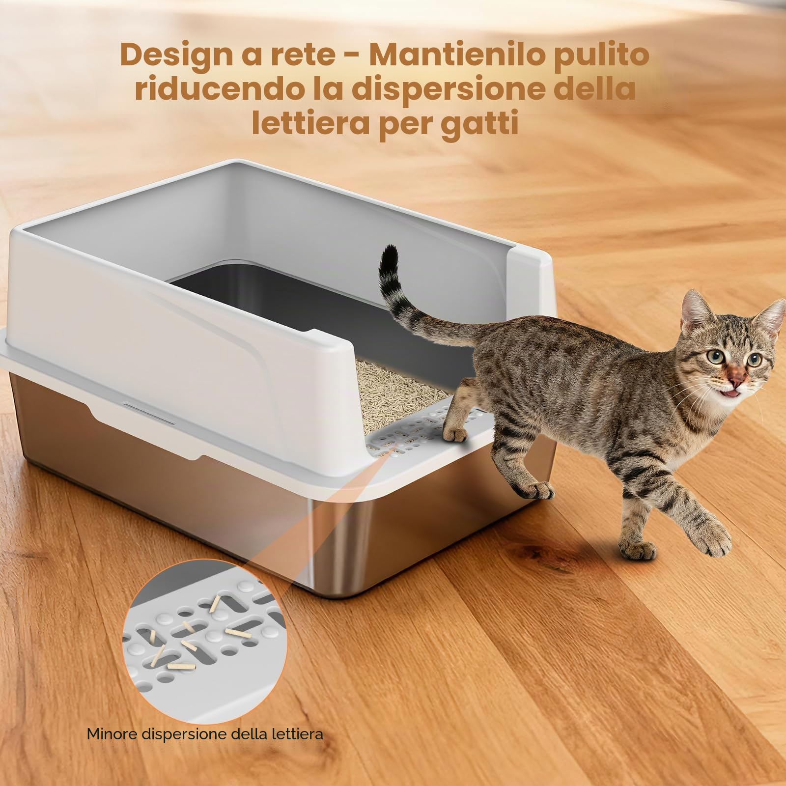 MIXJOY Lettiera per gatti in acciaio inox, 18 l, piccola per gattini, design aperto, bordo alto, a prova di perdite, salvaspazio, con paletta, 44 x 34 x 21 cm