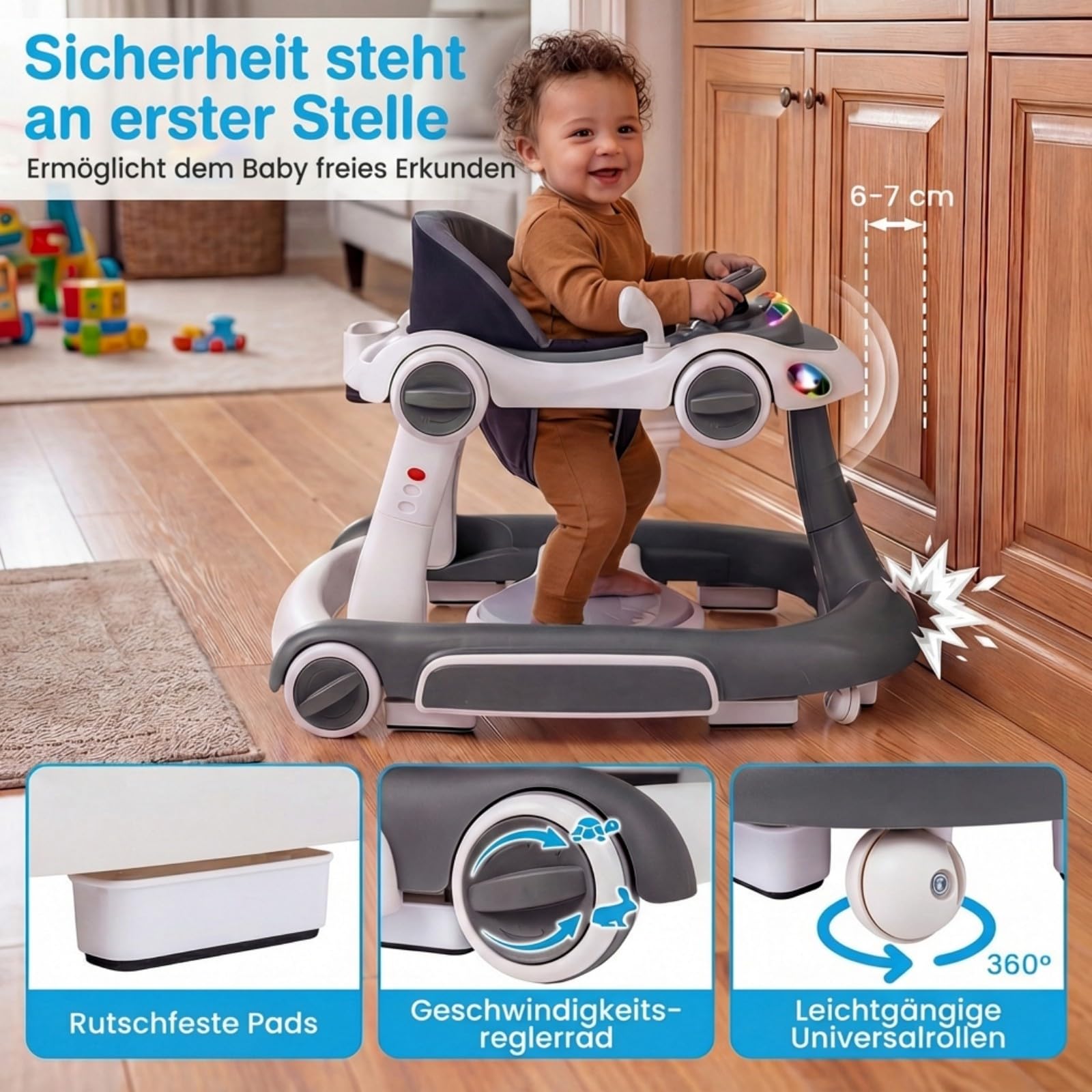 COSTWAY 7 in 1 Lauflernhilfe mit Verdeck, Lauflerwagen mit einstellbarer Höhe & Geschwindigkeit, Baby Walker klappbar mit Spielboard, Musik, Licht & Rädern, Gehfrei Baby ab 6 Monaten (Grau)