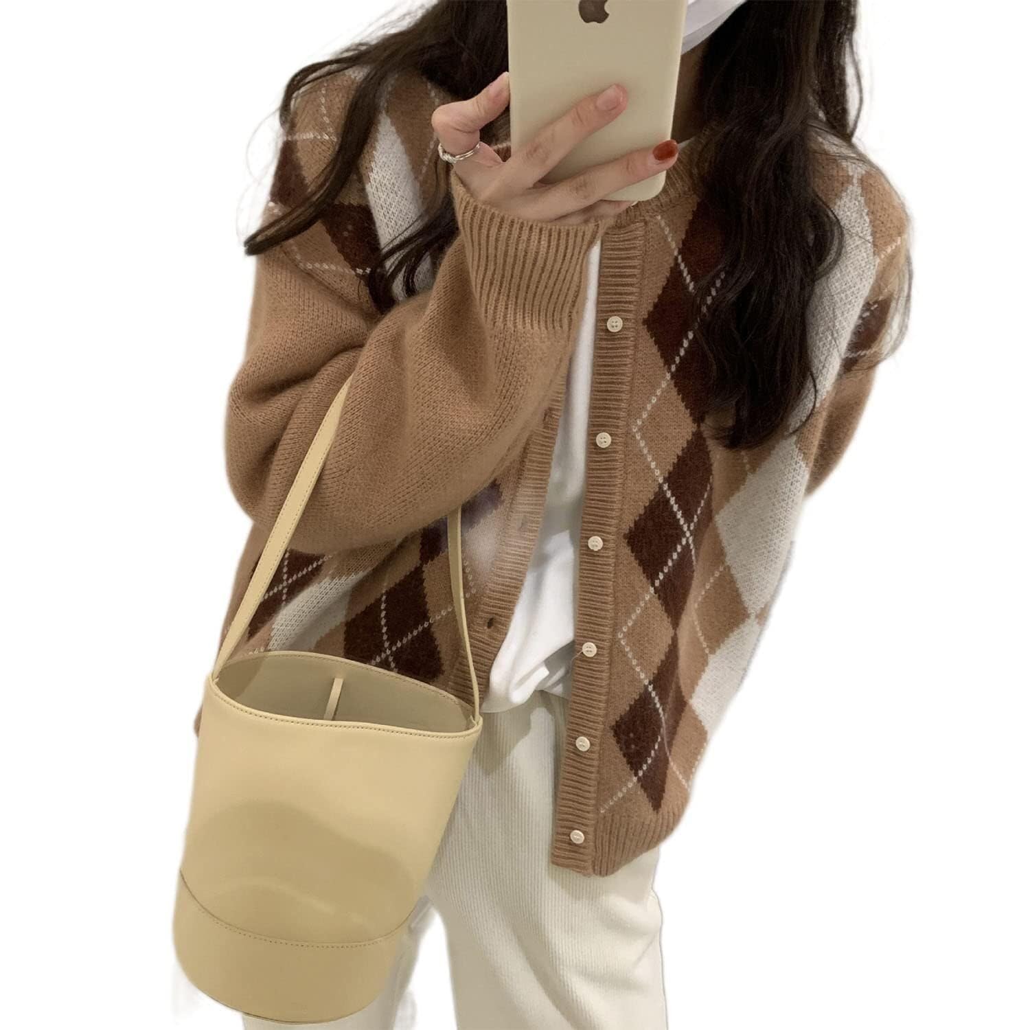 Barley Direct Women's A Khaki Fall Sweater For 2025 Grunge Argyle Plaid Preppy Y2k E-Girl Cardigan Chunky Knit Vintage Grandpa Sweater(,X-Large)
