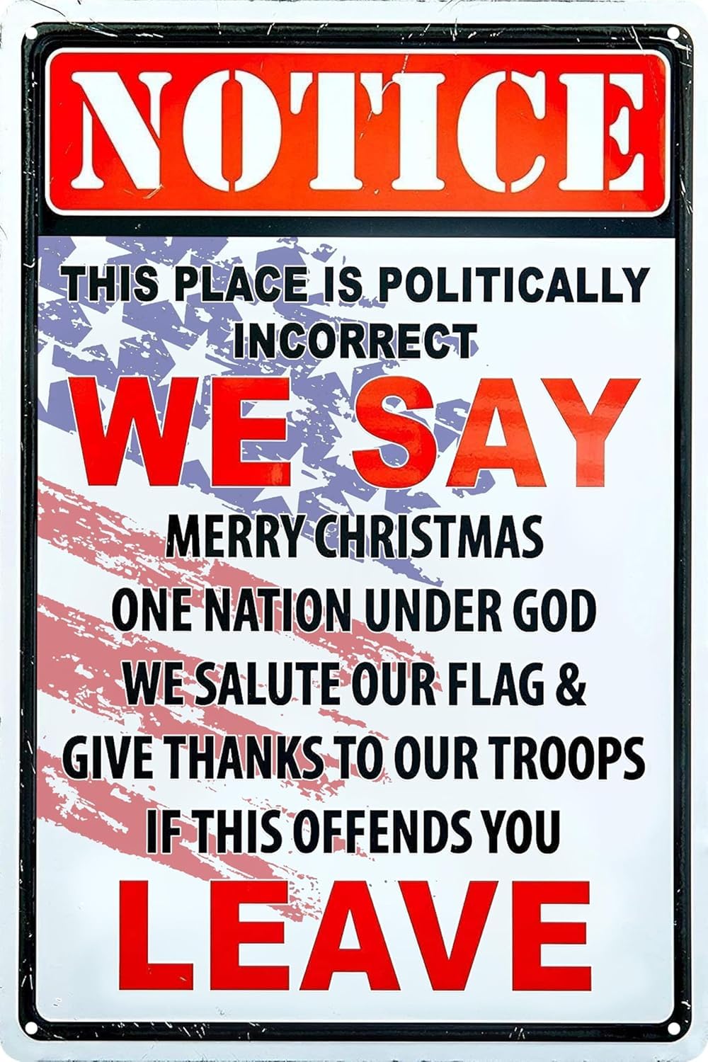SMAZDFXX Notice This Place is Politically Incorrect If This Offends You Leave Retro Tin Metal Sign Warning Wall Decor Signs for Home Cafes Bar Club Office Store Accessories 5.5"x8"