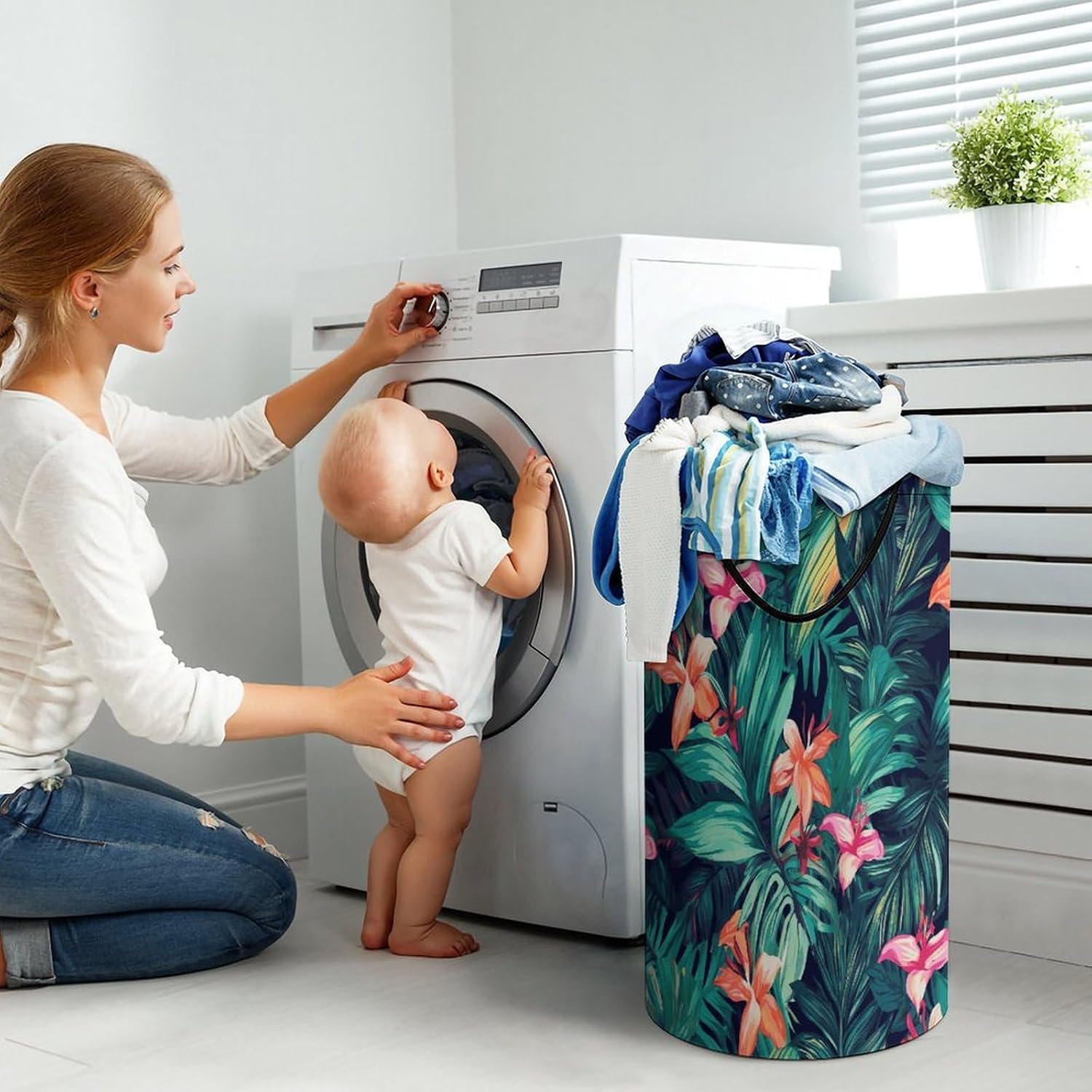 Tropical Floral Leaves Laundry Basket 86L Laundry Hamper | Collapsible Clothes Hamper with Reinforced Handles Waterproof Tall Foldable Dirty Clothes Basket for Hotel, Home, Closet