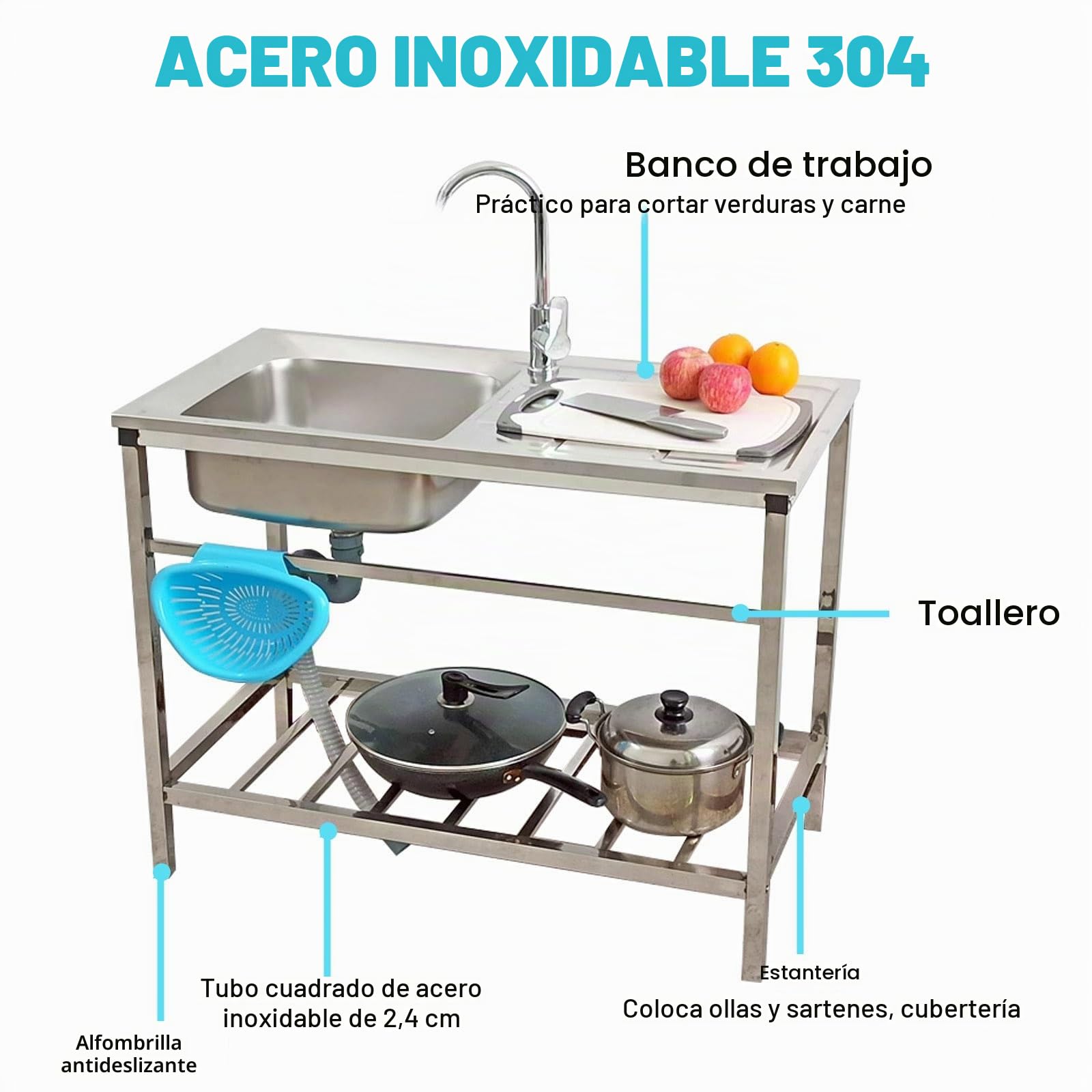 Fregadero Comercial de Acero Inoxidable 75x40xh75cm con Patas, Grifo Giratorio de 360°, Kit de Desagüe Incluido, Ideal para Jardín, Lavadero y Hostelería