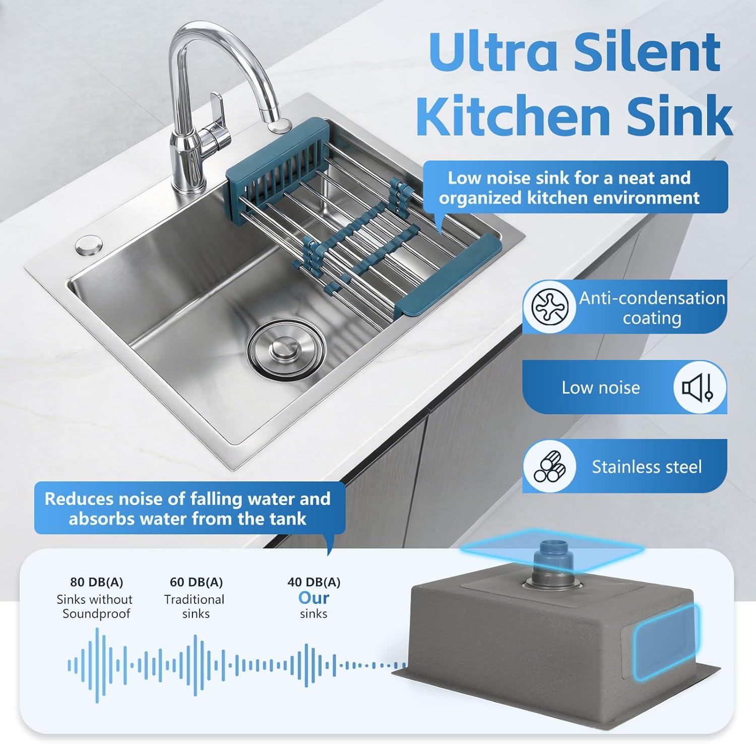 Silver Kitchen Sink, Stainless Steel Single Bowl Sink, Drop In/Topmount Workstation Sink with Retractable Drain Basket, for Bar, Kitchen, Balcony, RV (21.6 * 17.7in)