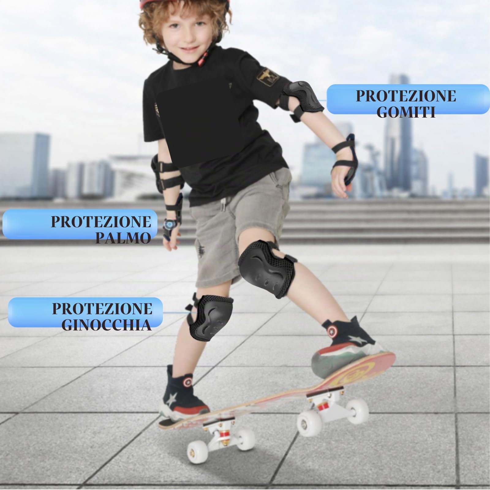 JSTHHTT Protezioni Skateboard Bambino,Set di Protezioni per Bambini,Protezioni Pattini Ginocchiere Gomitiere,Regolabile Ginocchiere Gomitiere per Skateboard Bicicletta Pattinaggio Monopattino Nero