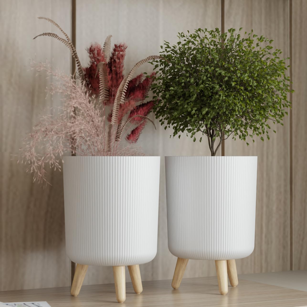 White Planter Pot with Wooden Stand | Modern Ribbed Indoor Outdoor Plant Pot for Home, Office & Balcony | Sturdy Plastic Mid-Century Style Flower Pot (Pack of 2)-image-46