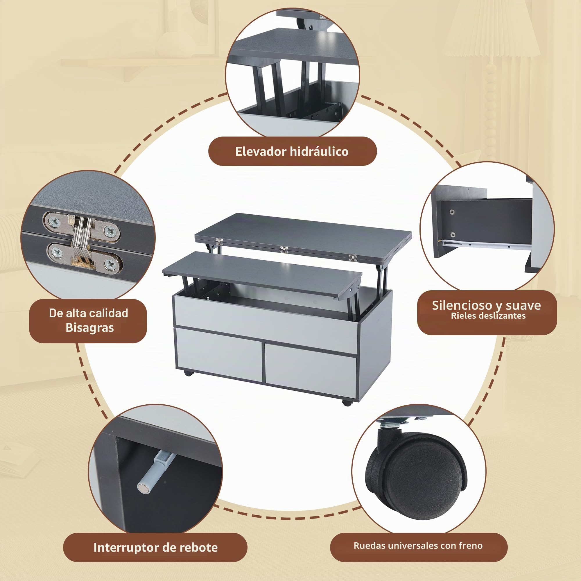 Mesa de café regulable en altura con espacio de almacenamiento oculto y estante, mesa de salón con ruedas y cajones, mesa de comedor multifuncional con espacio de almacenamiento, empalmes gris-blanco
