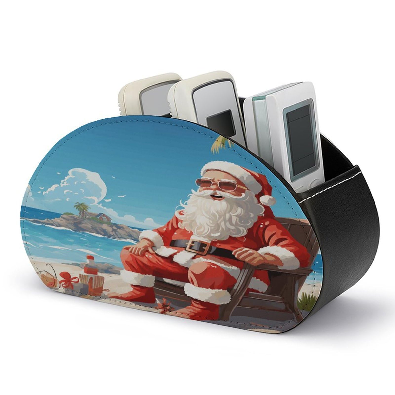 FodPand Santa Claus at Beach Remote Control Holders PU Leather Remote Caddy Desktop Organizer with 5 Compartments TV Remote Holder Box Tray for Bedside Table Office Desk Accessories&Gift