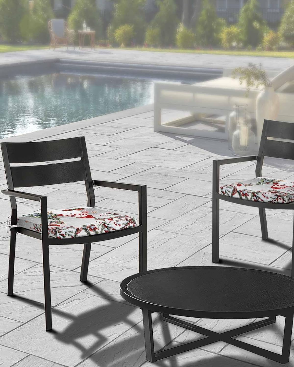 Grey Snowman Christmas Outdoor Waterproof Seat Cushion Covers 20x18, Patio Chair Slipcover with Ties Set of 2, Xmas Tree Branch Birds Replacement Seat Furniture Protector for Garden