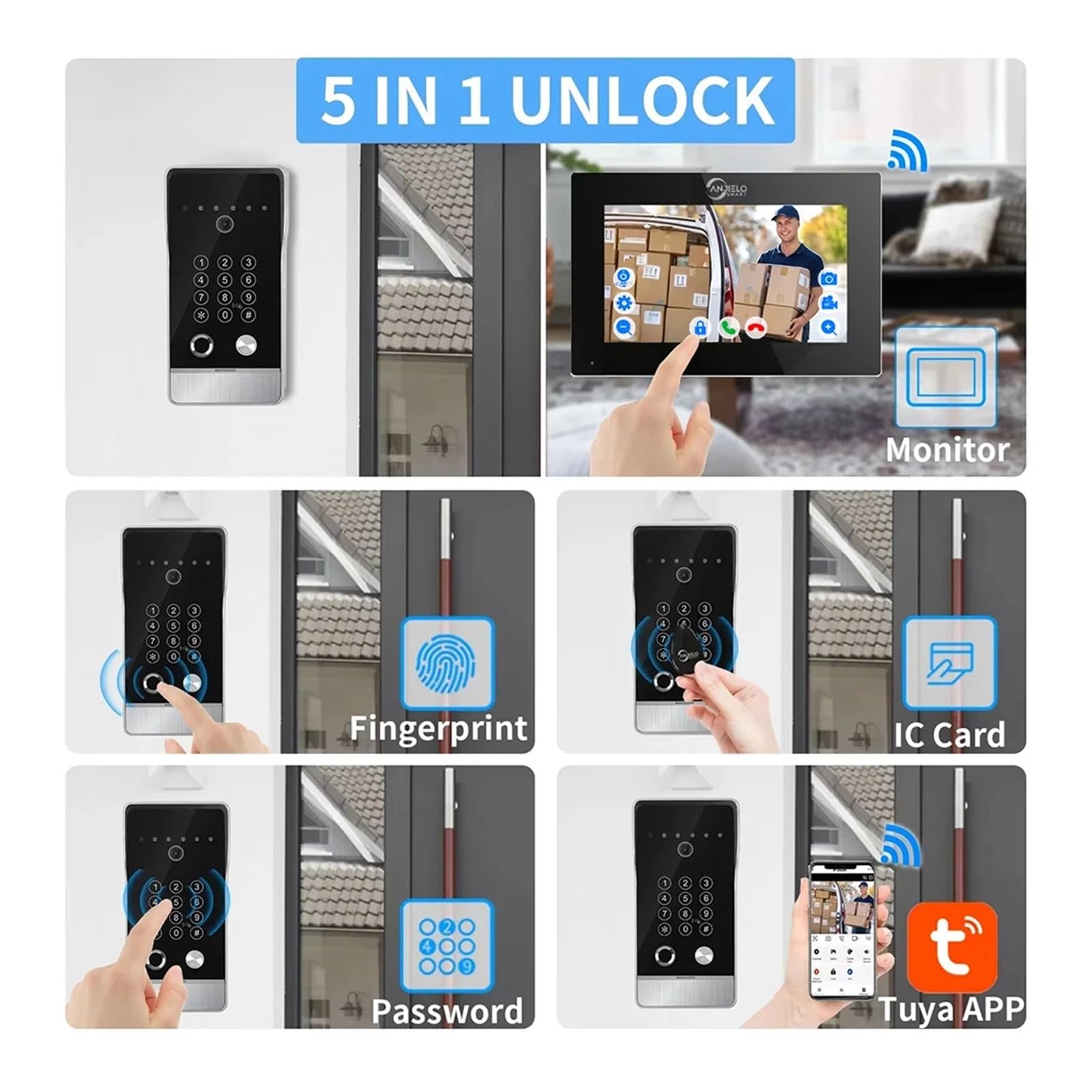 Tuya inteligentny wideodomofon 5 w 1 odblokowuje wysokość 1080p (7 cali B 1v2 czarny)