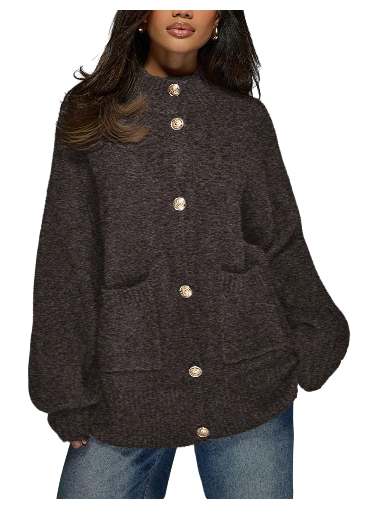 MakeMeChic Womens Long Sleeve Cardigan Mock Neck Button Down Sweater with Double Pocket