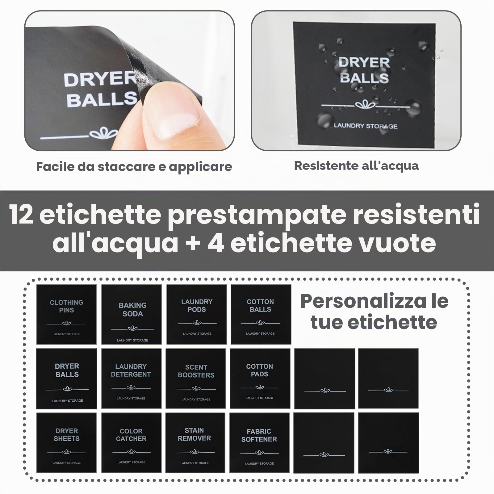 4 confezioni di contenitori per baccelli per bucato e porta fogli ammorbidenti - Contenitori di organizzazione e stoccaggio per lavanderia in plastica trasparente con coperchi neri, misurini ed