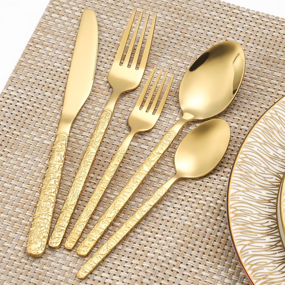 Silverware Flatware Cutlery Set, 20PCS Household Stainless Steel Table Knife, Fork And Spoon Set, Imitation Stone Pattern Thickened Steak Knife, Table Spoon, Dessert Fork(Color:Gold)